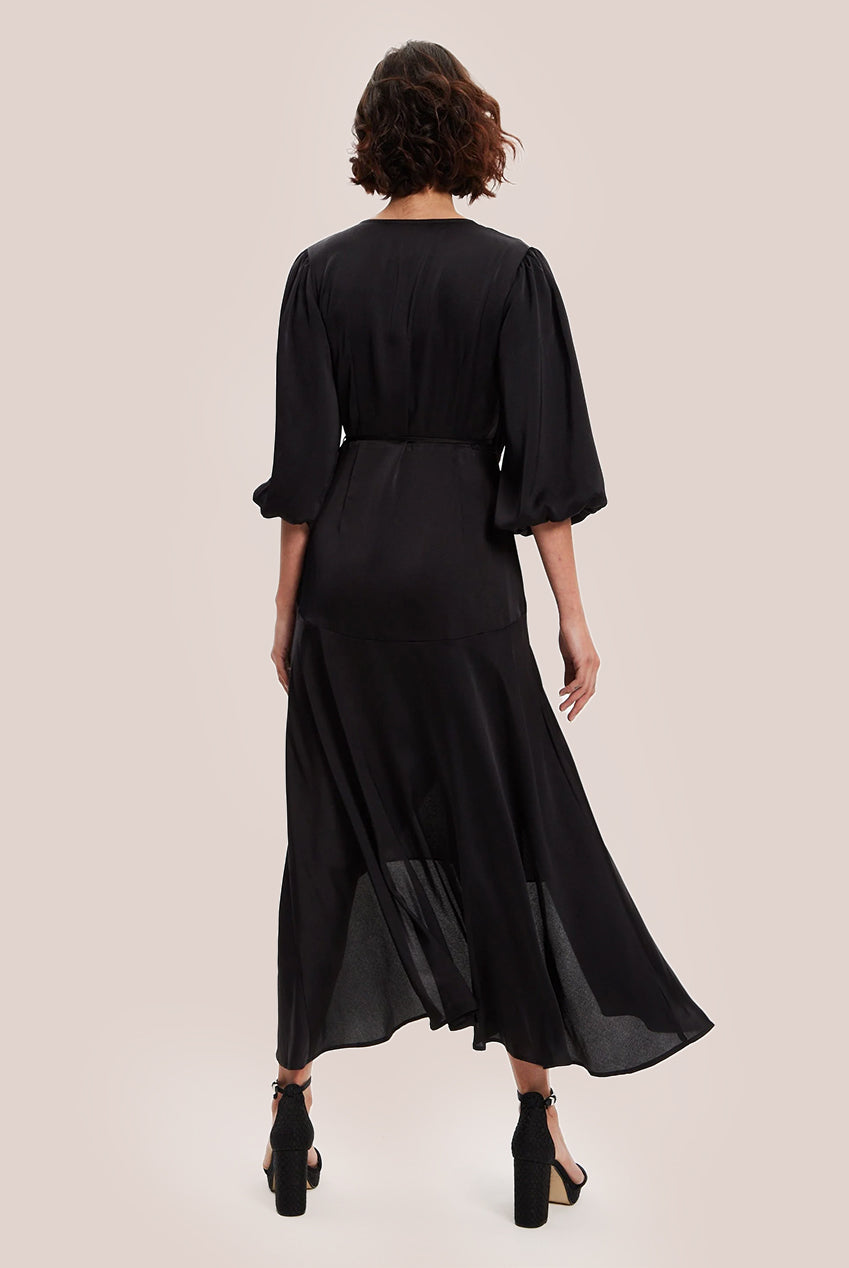 Black Midi Wrap Dress With Short Puff Sleeves LIQ20-128Black