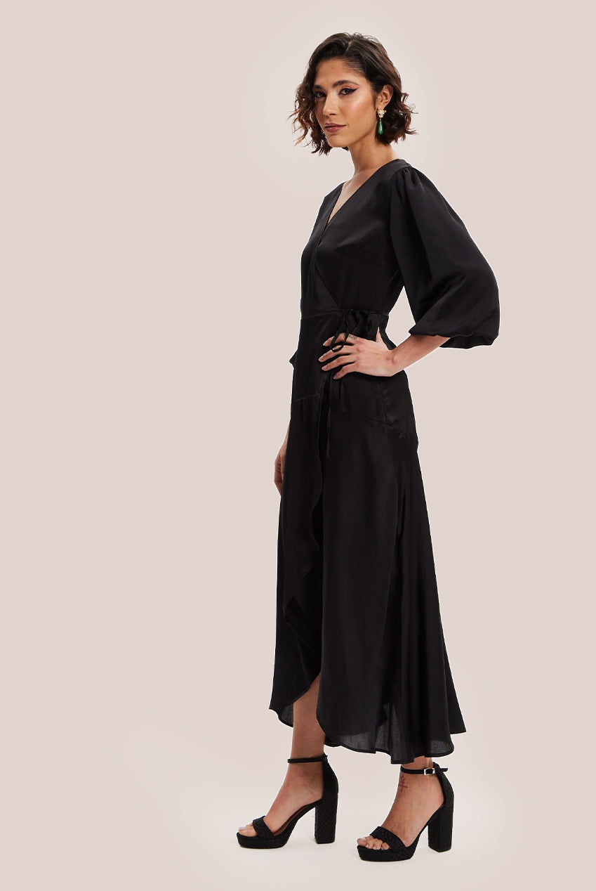 Black Midi Wrap Dress With Short Puff Sleeves LIQ20-128Black