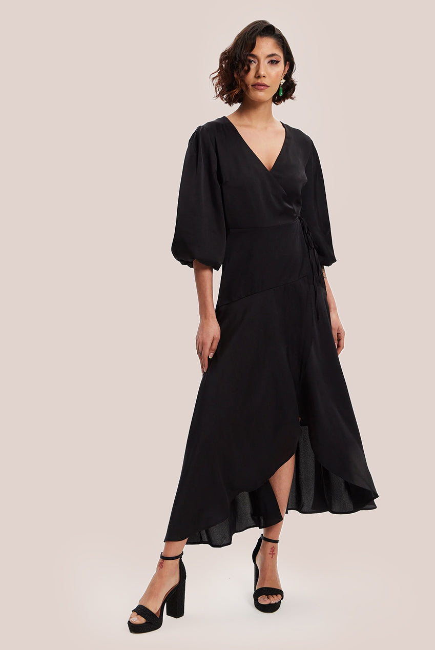 Black Midi Wrap Dress With Short Puff Sleeves LIQ20-128Black