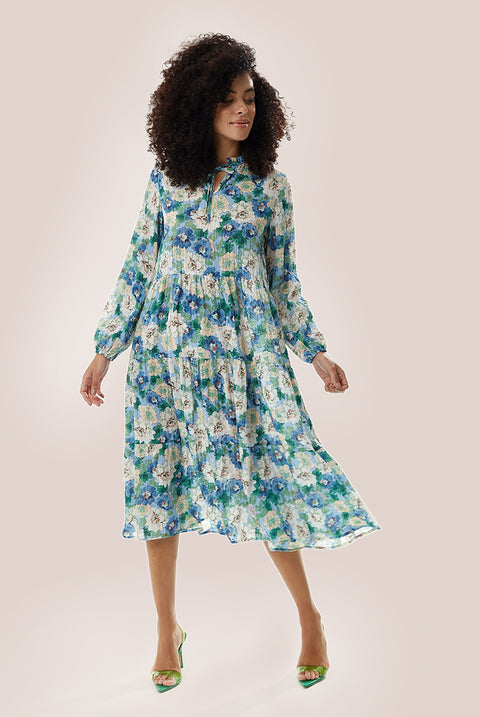 Divine Grace Blue Floral Midi Smock Dress LIQ22SS014C