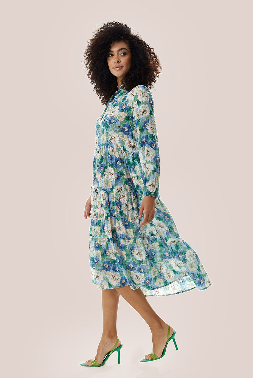 Divine Grace Blue Floral Midi Smock Dress LIQ22SS014C