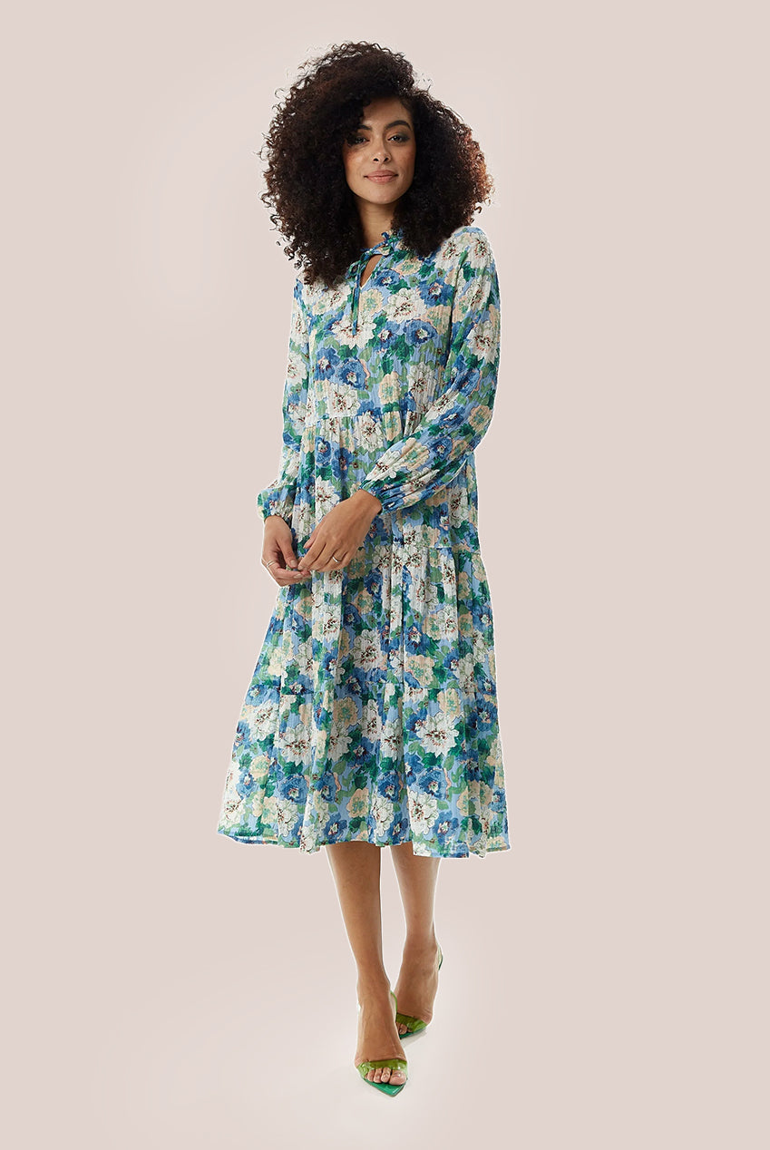 Divine Grace Blue Floral Midi Smock Dress LIQ22SS014C