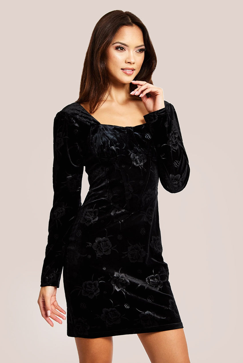 Corset Detail Mini Black Velvet Dress LIQ23AW031BL