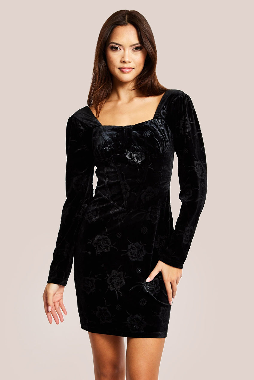 Corset Detail Mini Black Velvet Dress LIQ23AW031BL