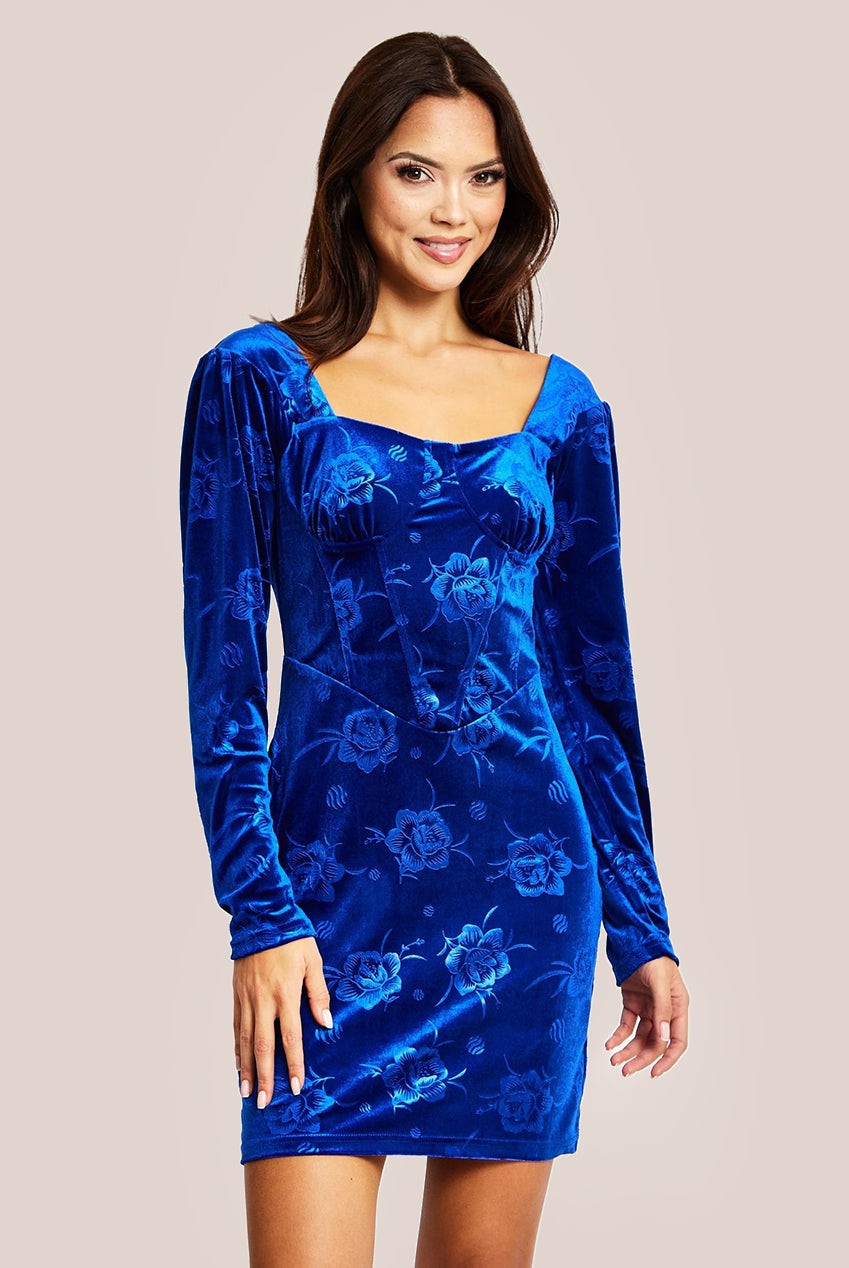 Corset Detail Mini Royal Blue Velvet Dress LIQ23AW031RB