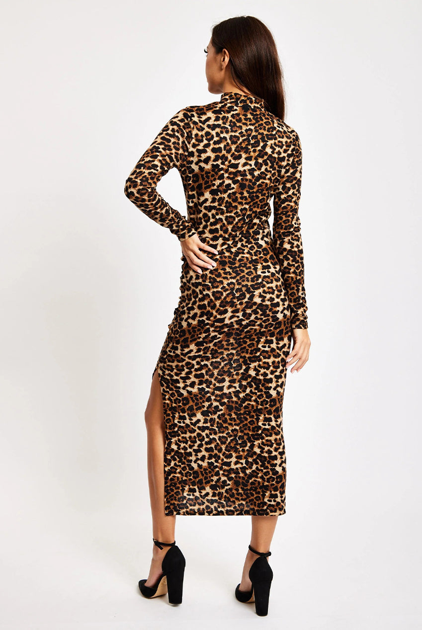 Brushed Knit Leopard Print Midi Dress With Front Slit LIQ23AW076LE