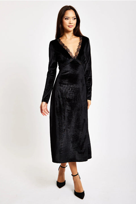 Black Velvet Midi Dress With Lace Details by Liquorish