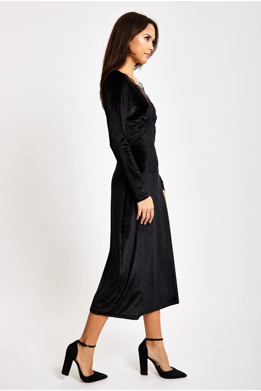Black Velvet Midi Dress With Lace Details LIQ23AW078BL