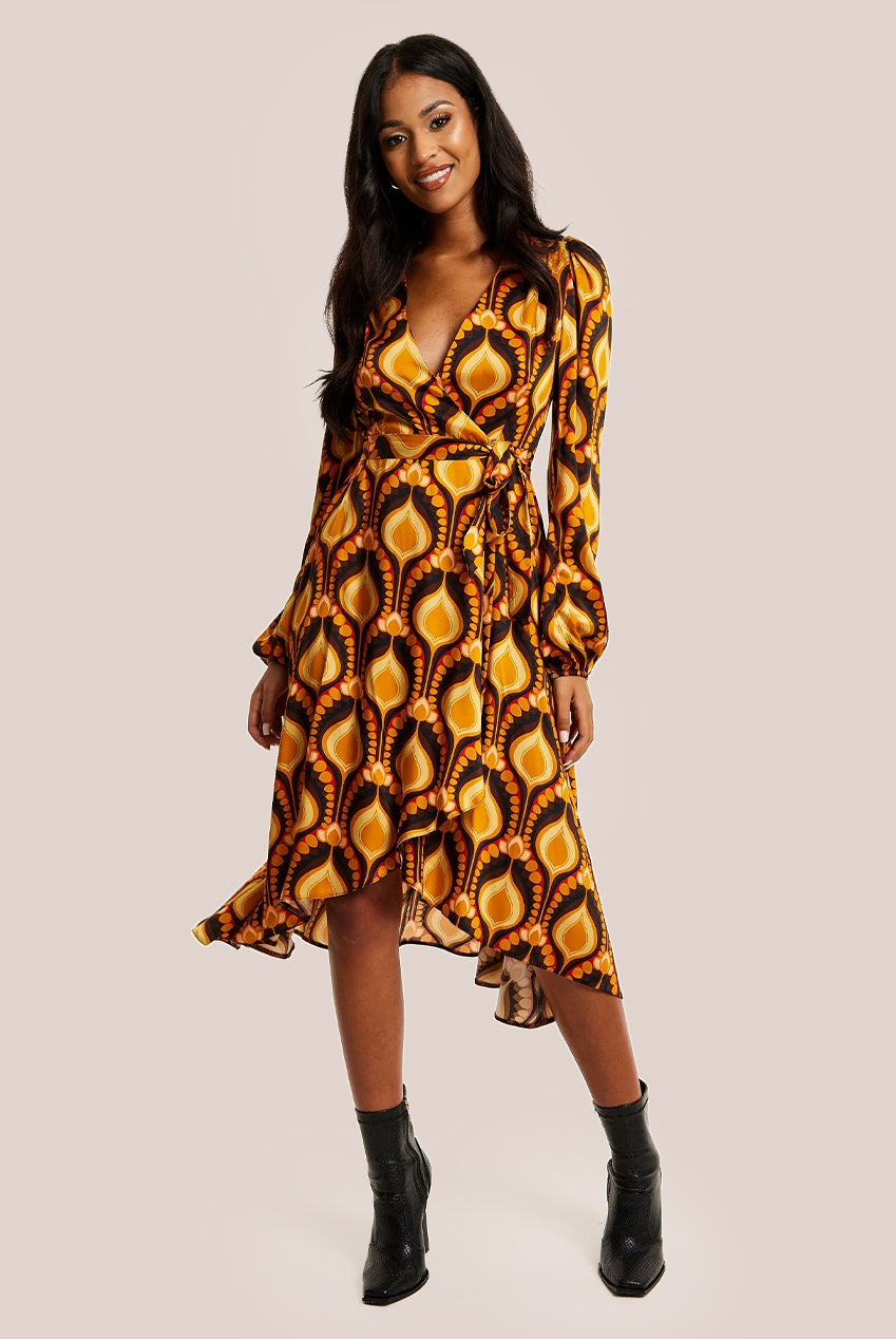 Balloon Sleeve Retro Print Midi Fake Wrap Dress LIQ23AW097