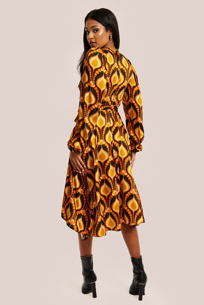 Balloon Sleeve Retro Print Midi Fake Wrap Dress LIQ23AW097