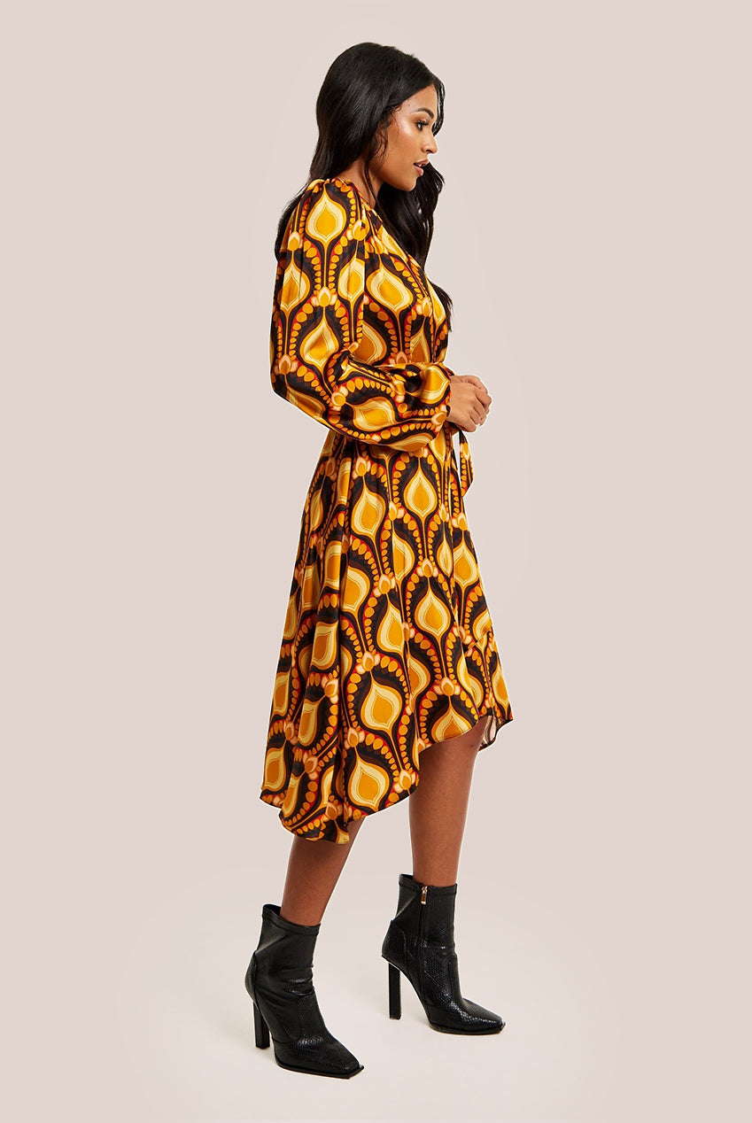 Balloon Sleeve Retro Print Midi Fake Wrap Dress LIQ23AW097