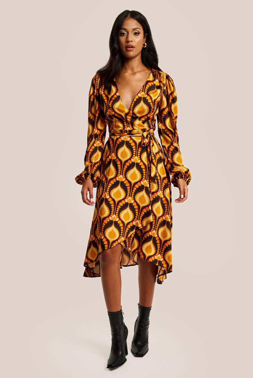 Balloon Sleeve Retro Print Midi Fake Wrap Dress LIQ23AW097