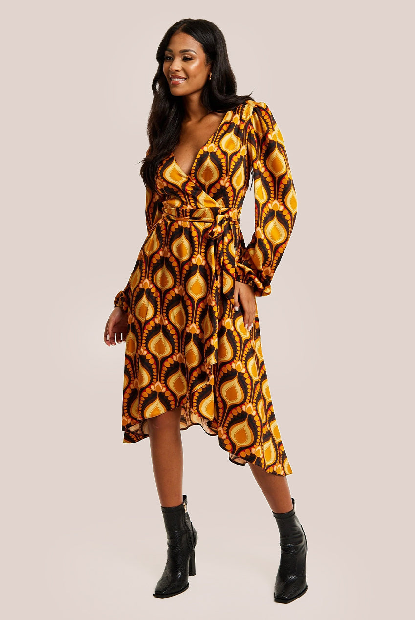 Balloon Sleeve Retro Print Midi Fake Wrap Dress LIQ23AW097