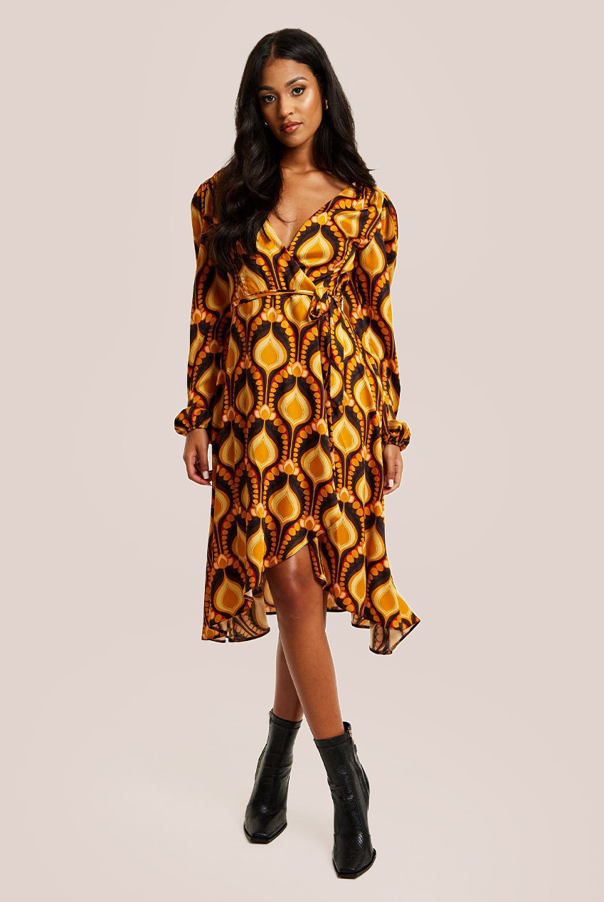 Balloon Sleeve Retro Print Midi Fake Wrap Dress LIQ23AW097