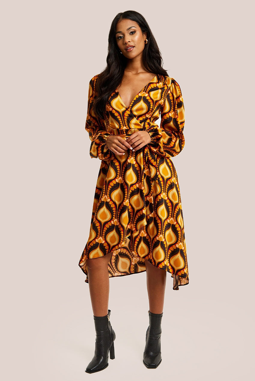 Balloon Sleeve Retro Print Midi Fake Wrap Dress LIQ23AW097