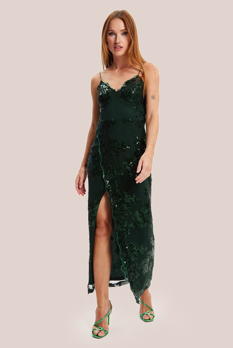 Forest Green Sequin Maxi Dress With Long Slit LIQPARTY006