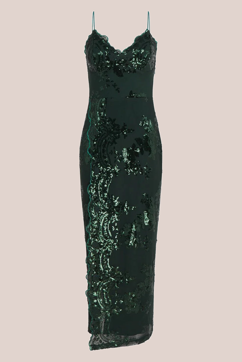 Forest Green Sequin Maxi Dress With Long Slit LIQPARTY006