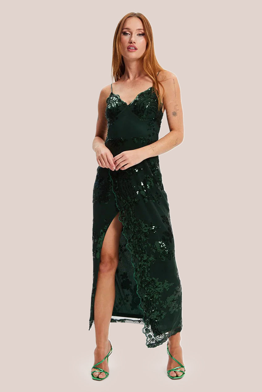 Forest Green Sequin Maxi Dress With Long Slit LIQPARTY006