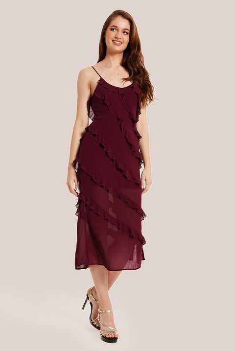 Burgundy Sleeveless Chiffon Frill Dress LIQPARTY012