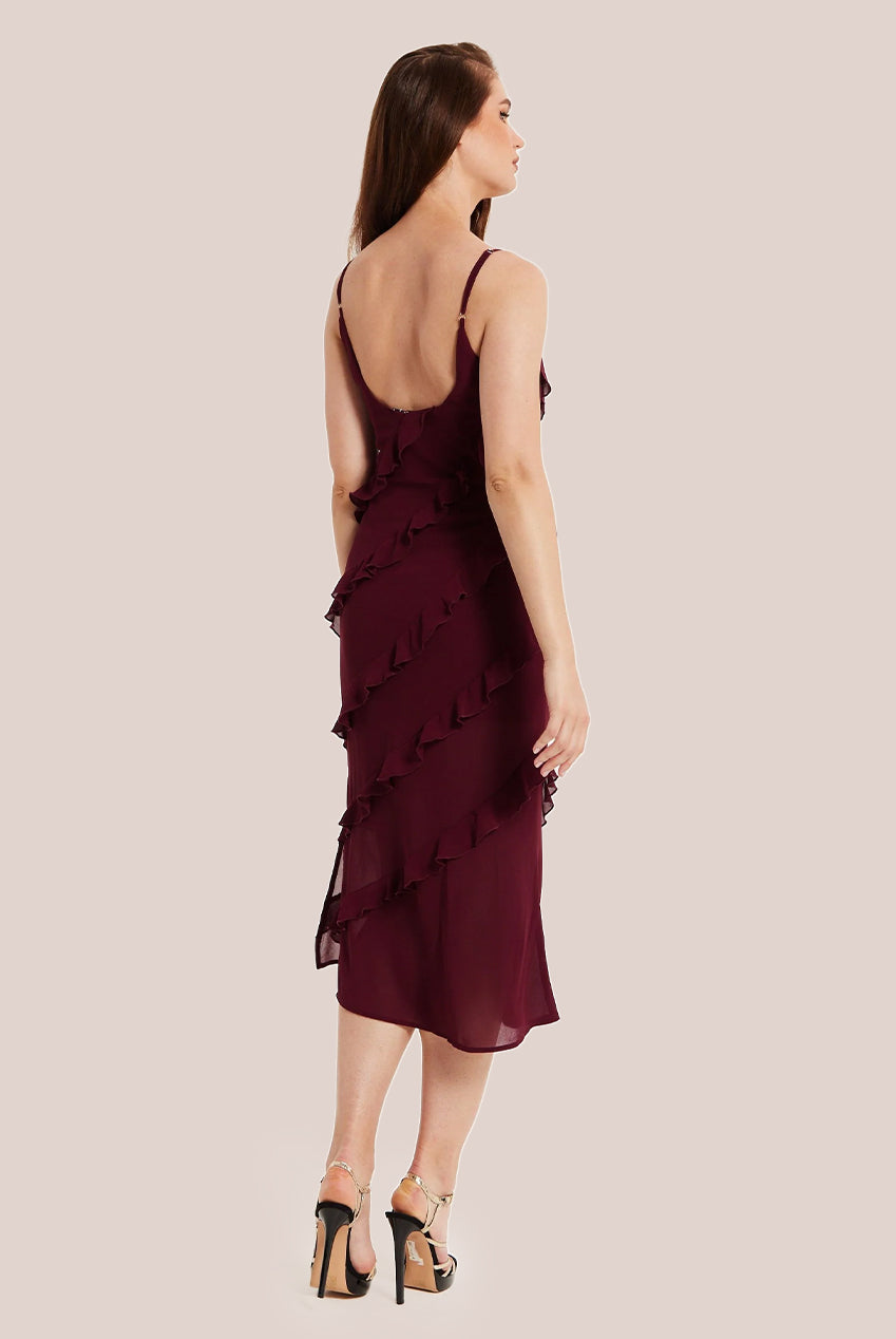 Burgundy Sleeveless Chiffon Frill Dress LIQPARTY012