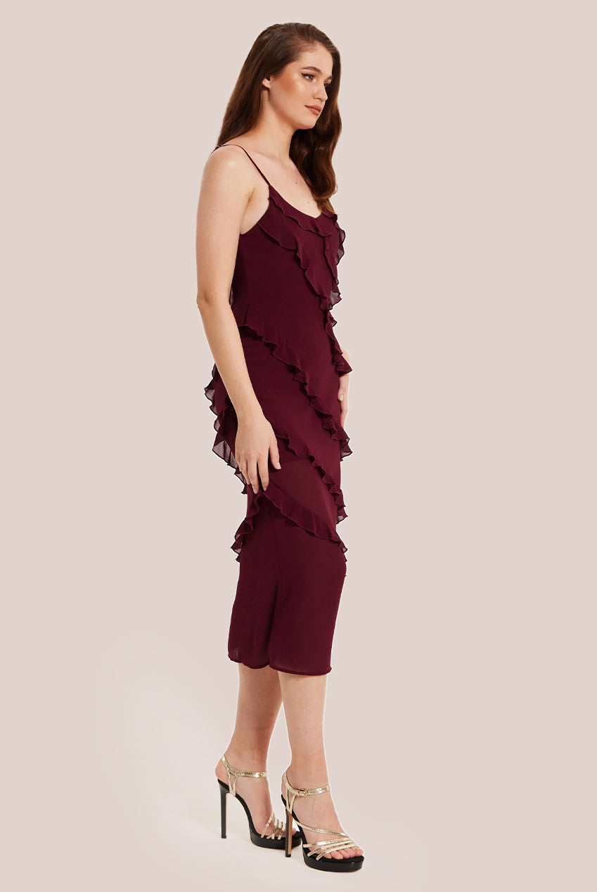 Burgundy Sleeveless Chiffon Frill Dress LIQPARTY012