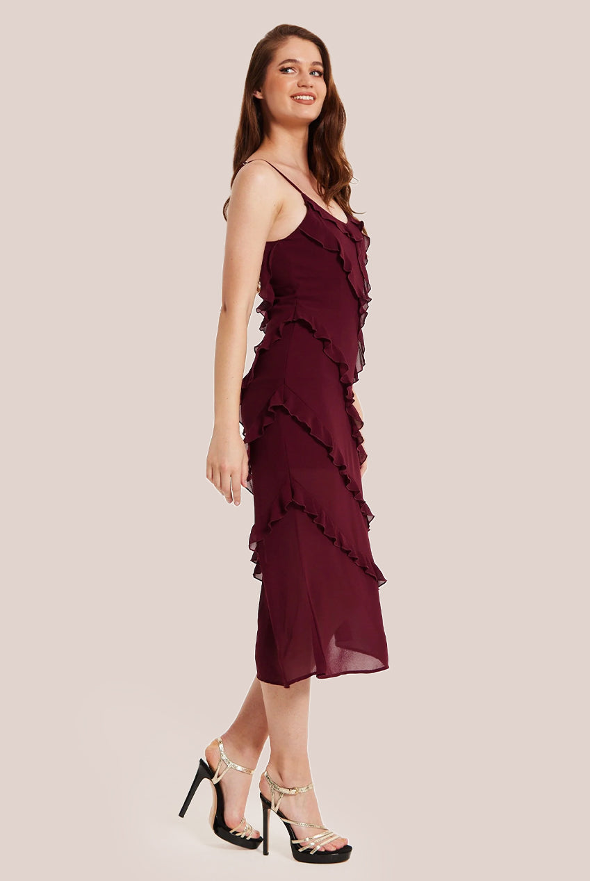 Burgundy Sleeveless Chiffon Frill Dress LIQPARTY012