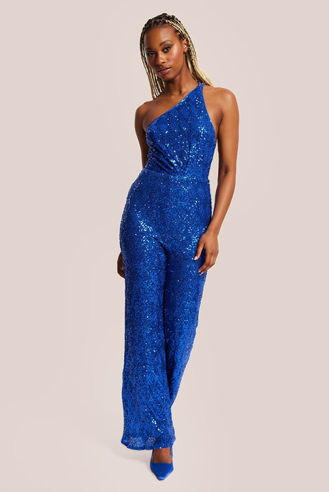 Royal Blue Sequin Jersey One Shoulder Jumpsuit LIQPARTY013