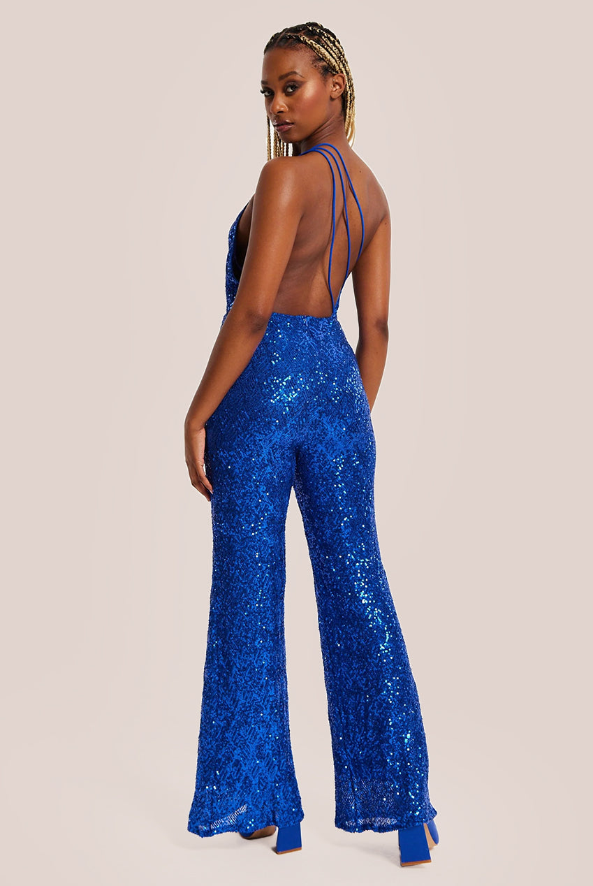 Royal Blue Sequin Jersey One Shoulder Jumpsuit LIQPARTY013