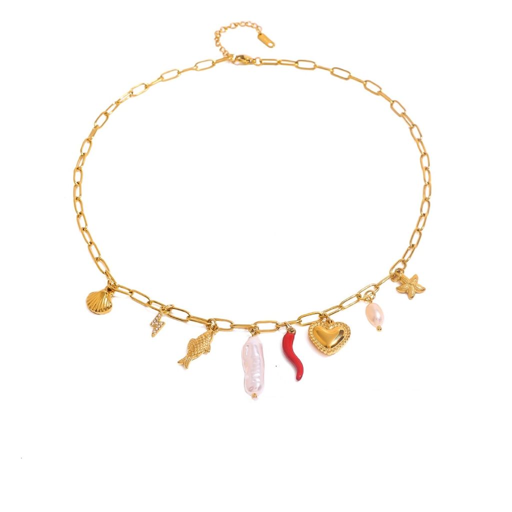 Chilli And Pearl Detail Charm Necklace In Gold LNN321G