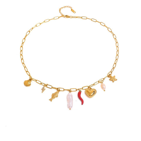 Last True Angel Chilli And Pearl Detail Charm Necklace In Gold