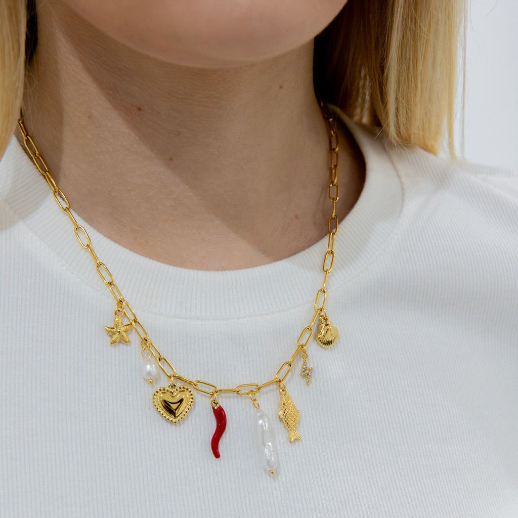 Chilli And Pearl Detail Charm Necklace In Gold LNN321G