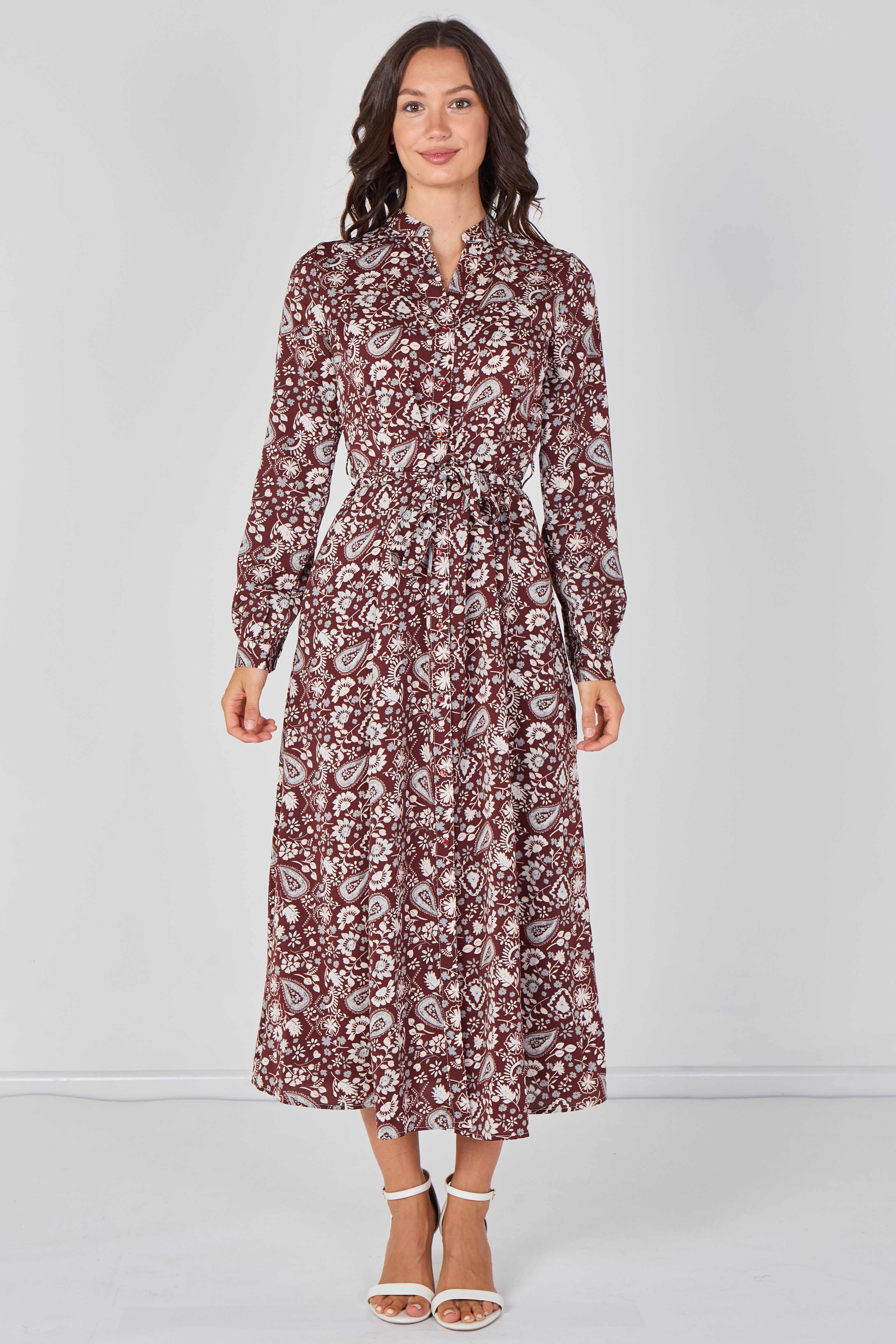 Burgundy Paisley Floral Print Belted Maxi Shirt Dress LS-2603-CS6