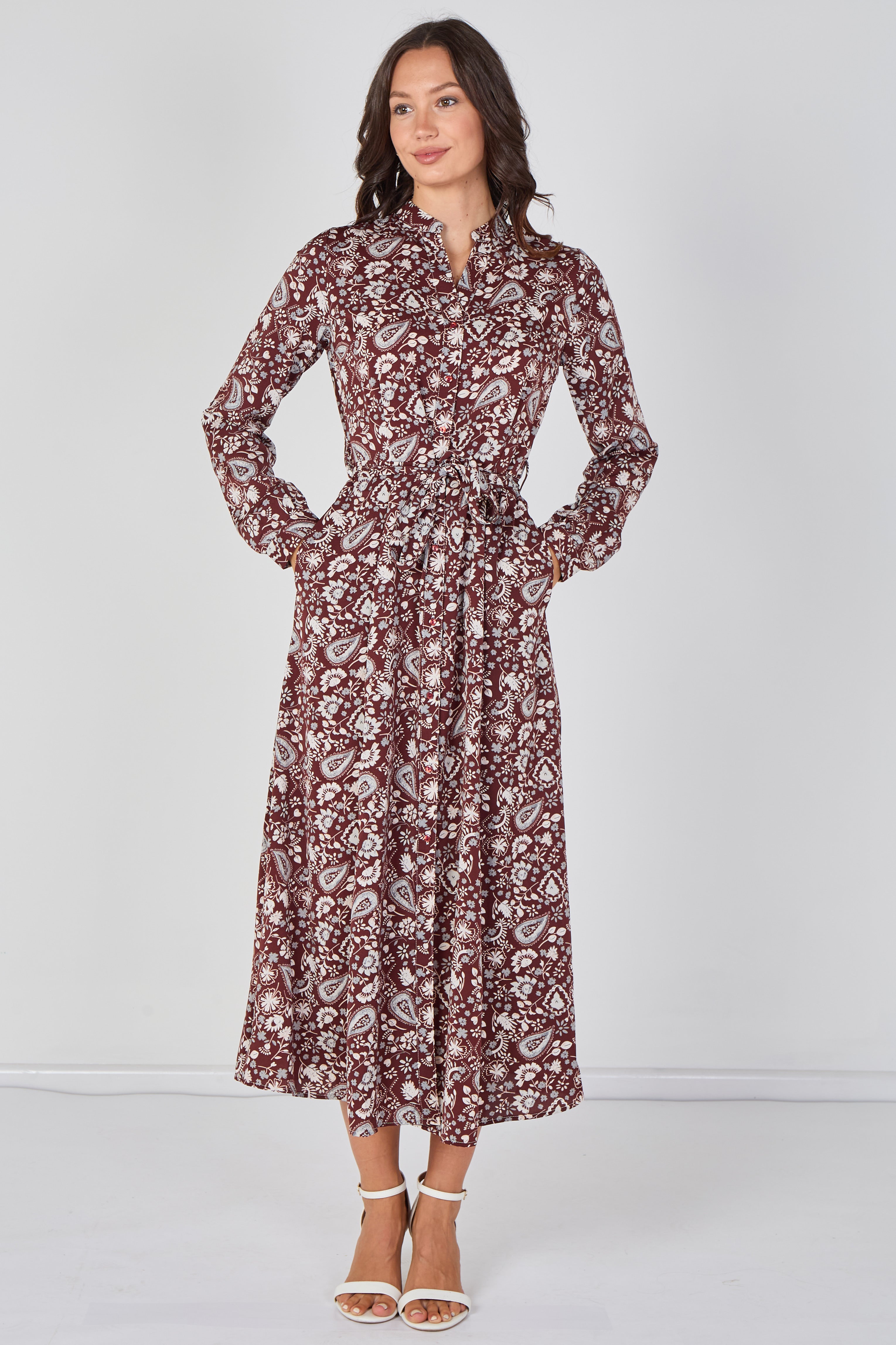 Burgundy Paisley Floral Print Belted Maxi Shirt Dress LS-2603-CS6