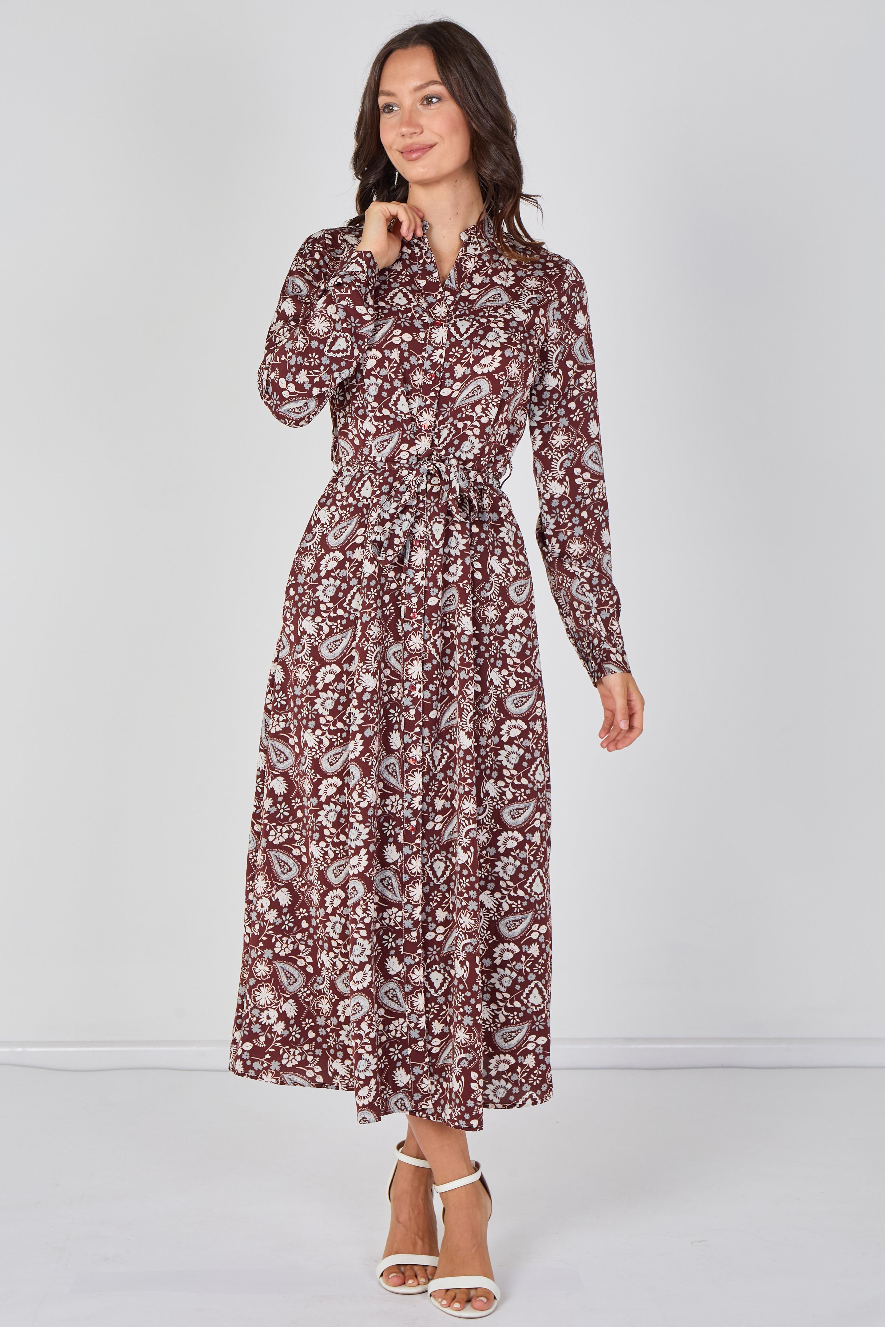 Burgundy Paisley Floral Print Belted Maxi Shirt Dress LS-2603-CS6