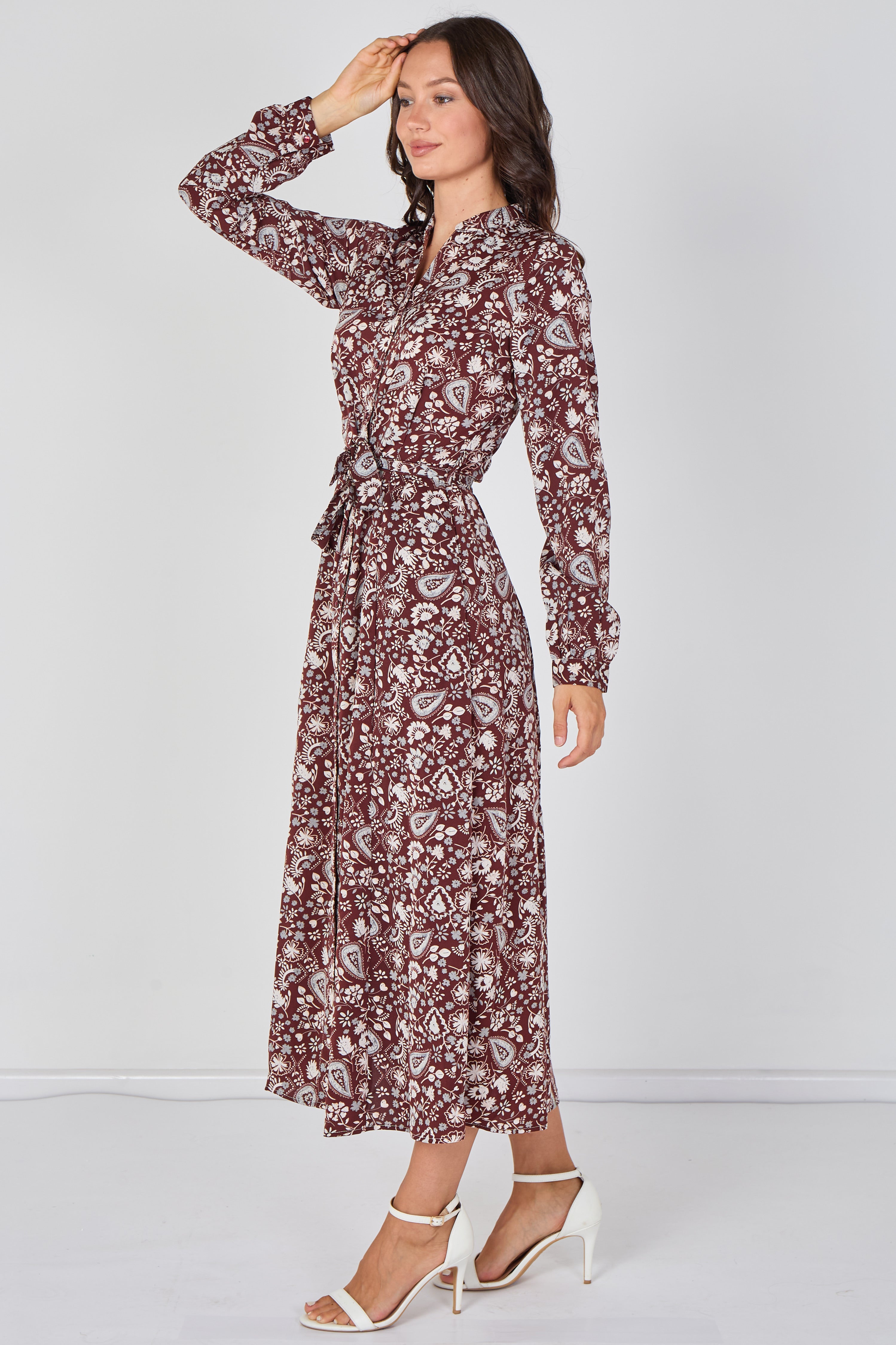 Burgundy Paisley Floral Print Belted Maxi Shirt Dress LS-2603-CS6