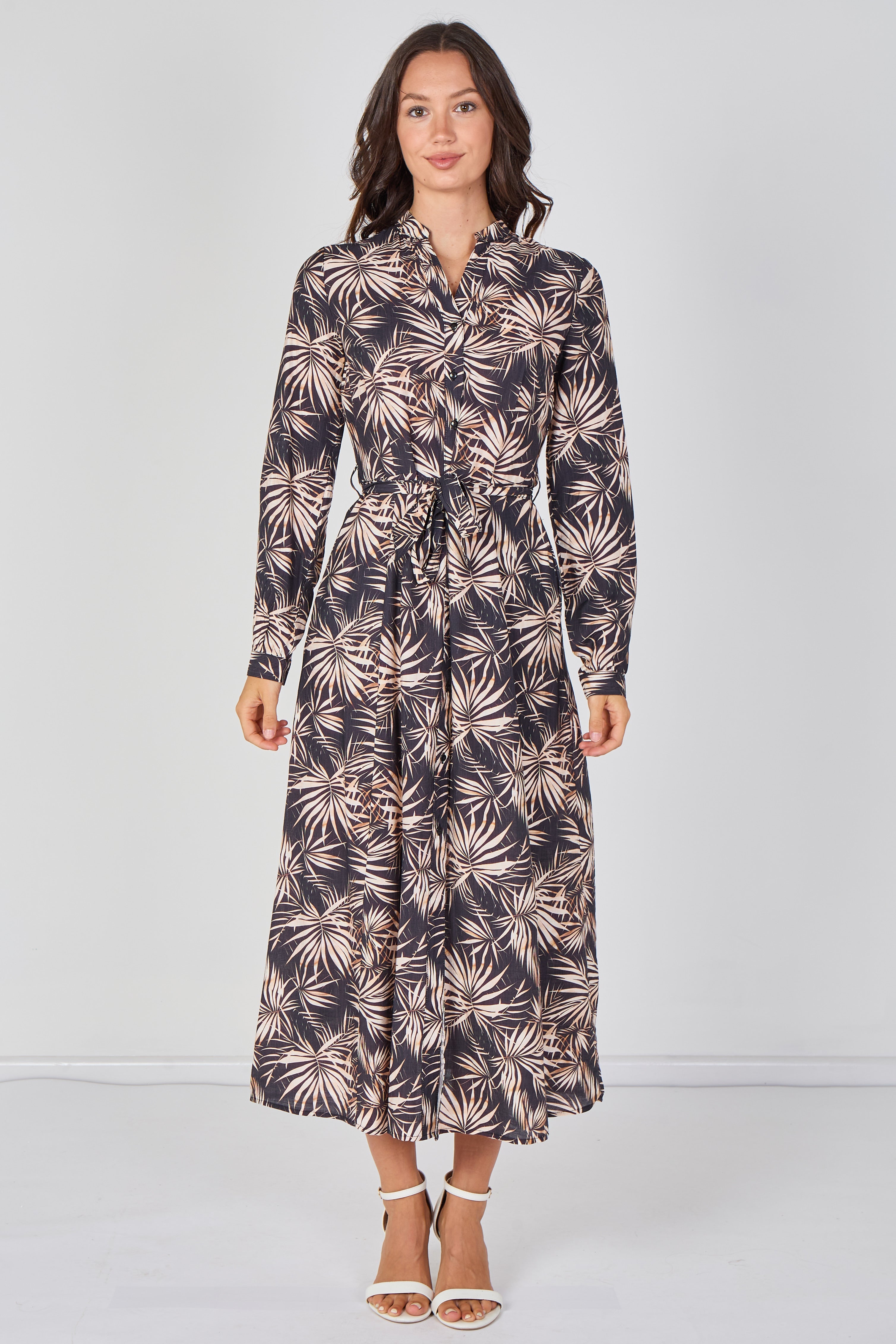 Black And Blush Palm Print Belted Maxi Shirt Dress LS-2603-CS1