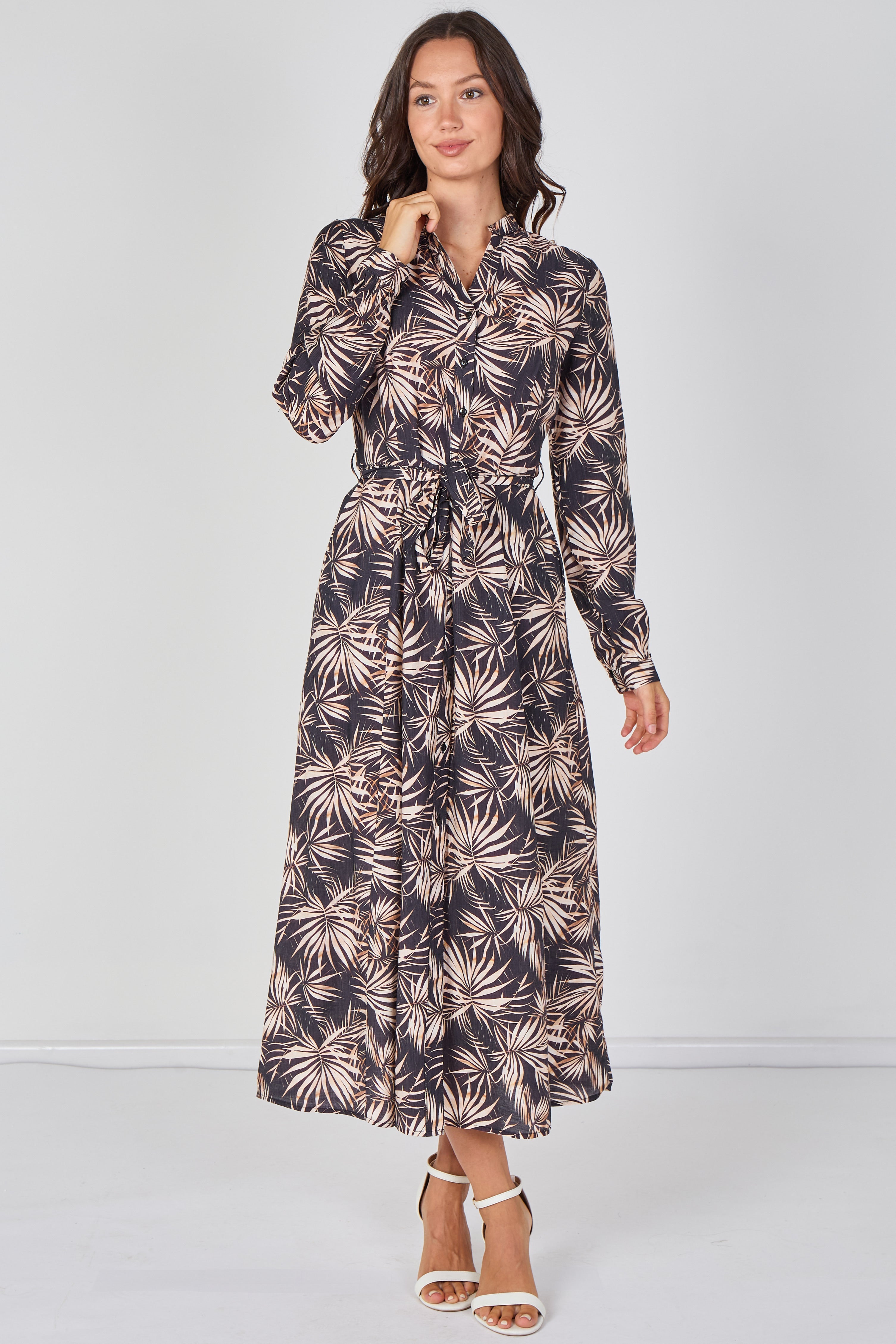 Black And Blush Palm Print Belted Maxi Shirt Dress LS-2603-CS1
