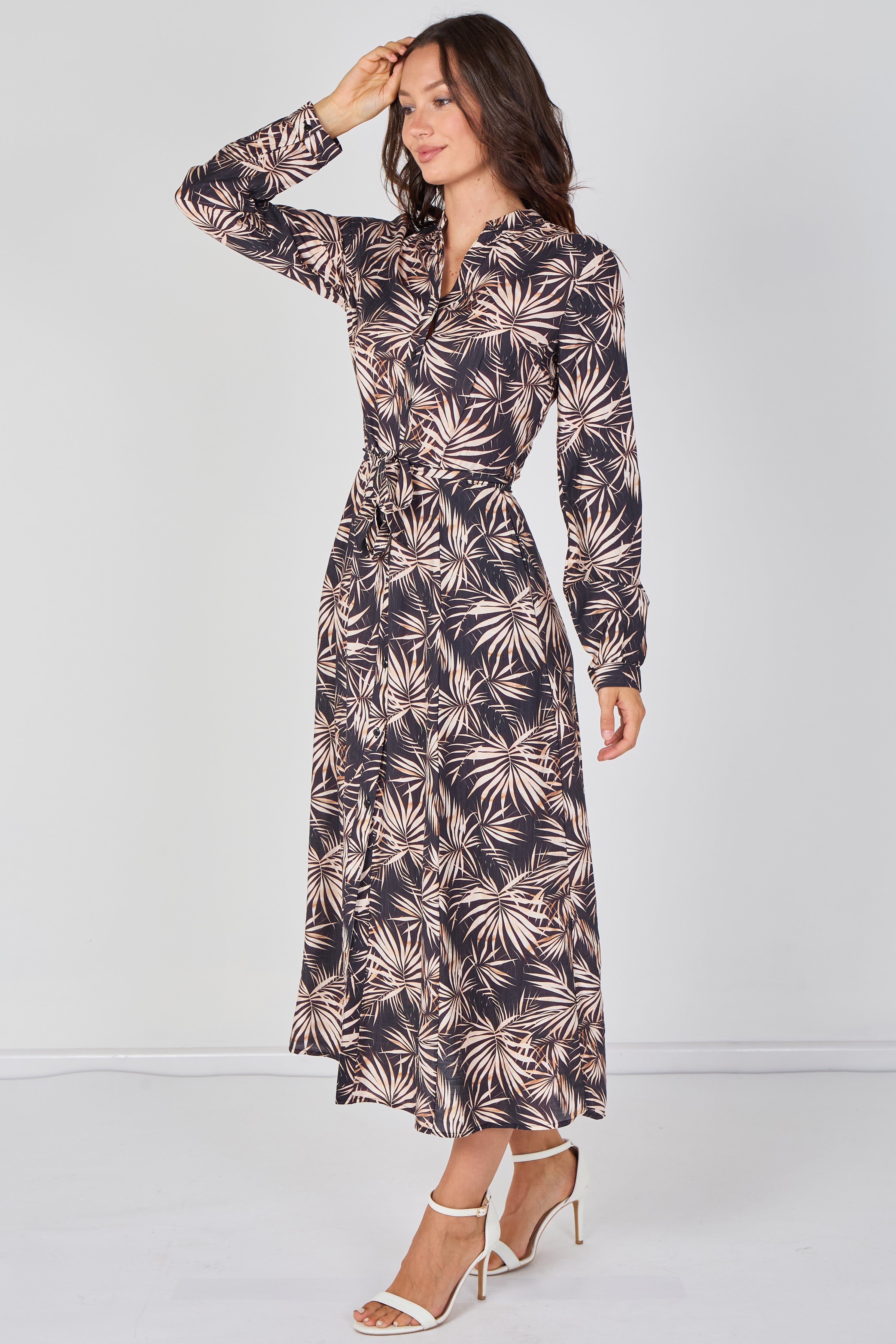 Black And Blush Palm Print Belted Maxi Shirt Dress LS-2603-CS1
