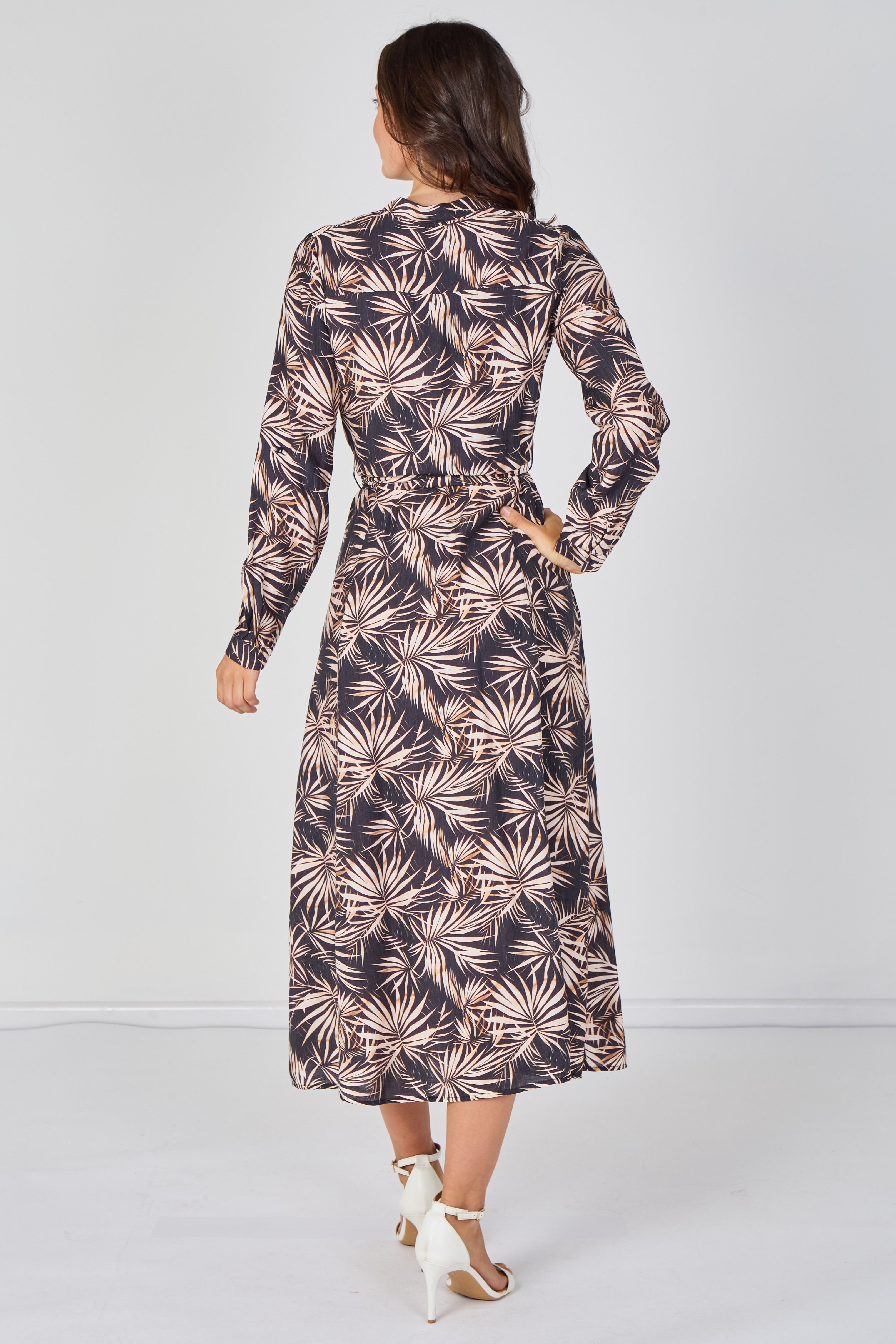 Black And Blush Palm Print Belted Maxi Shirt Dress LS-2603-CS1