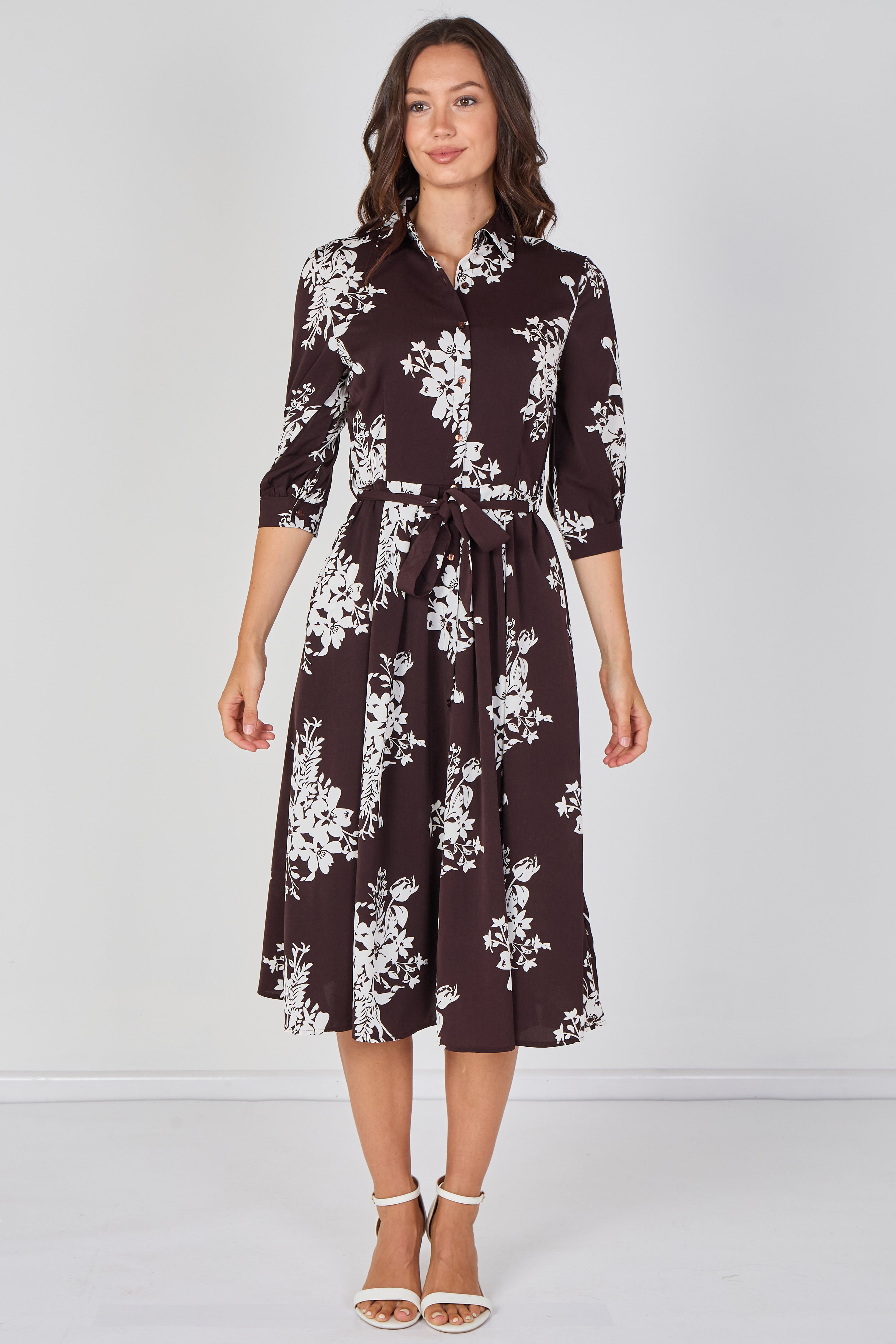 Brown Ivory Bouquet Print Belted Midi Shirt Dress LS-2045-D27-8