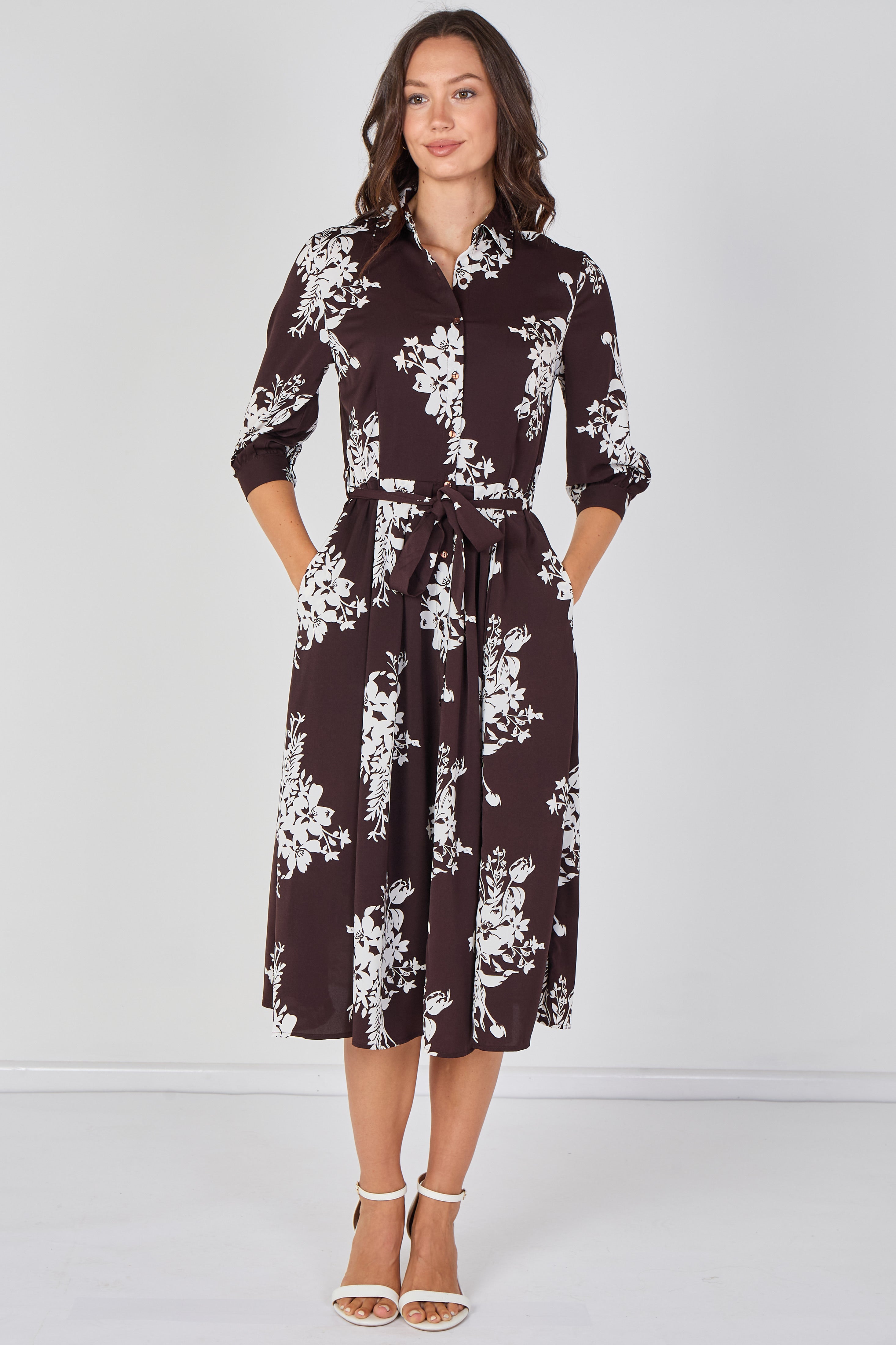 Brown Ivory Bouquet Print Belted Midi Shirt Dress LS-2045-D27-8