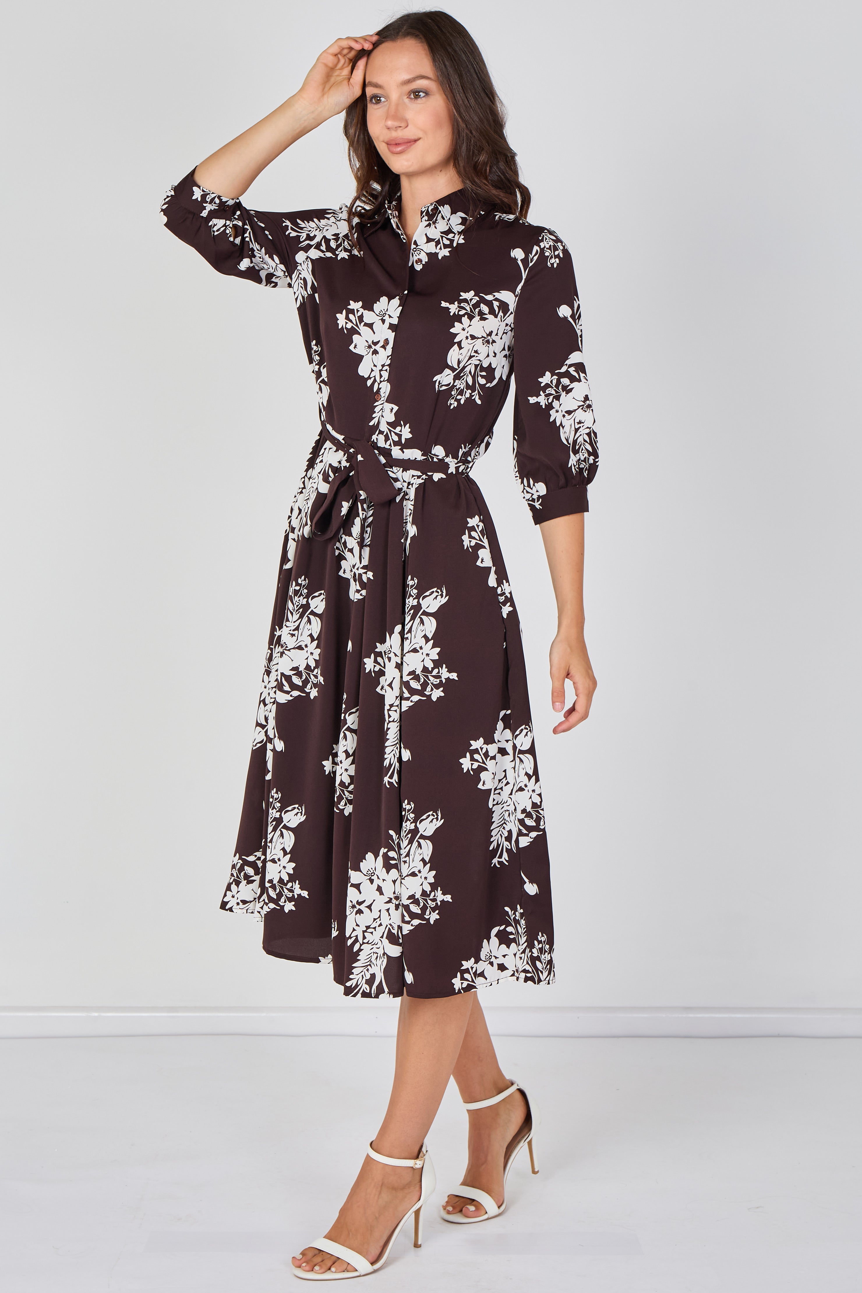 Brown Ivory Bouquet Print Belted Midi Shirt Dress LS-2045-D27-8