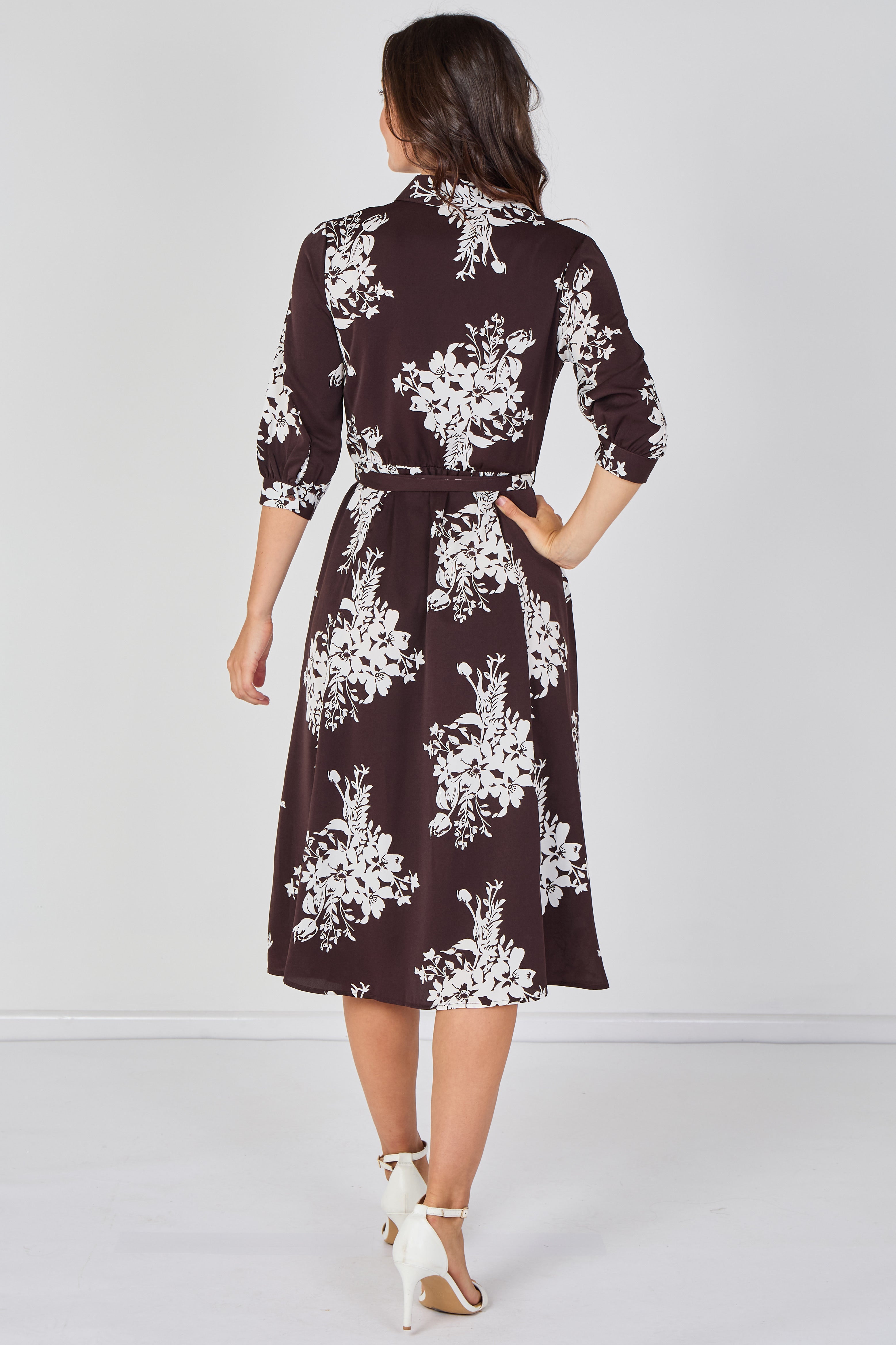 Brown Ivory Bouquet Print Belted Midi Shirt Dress LS-2045-D27-8