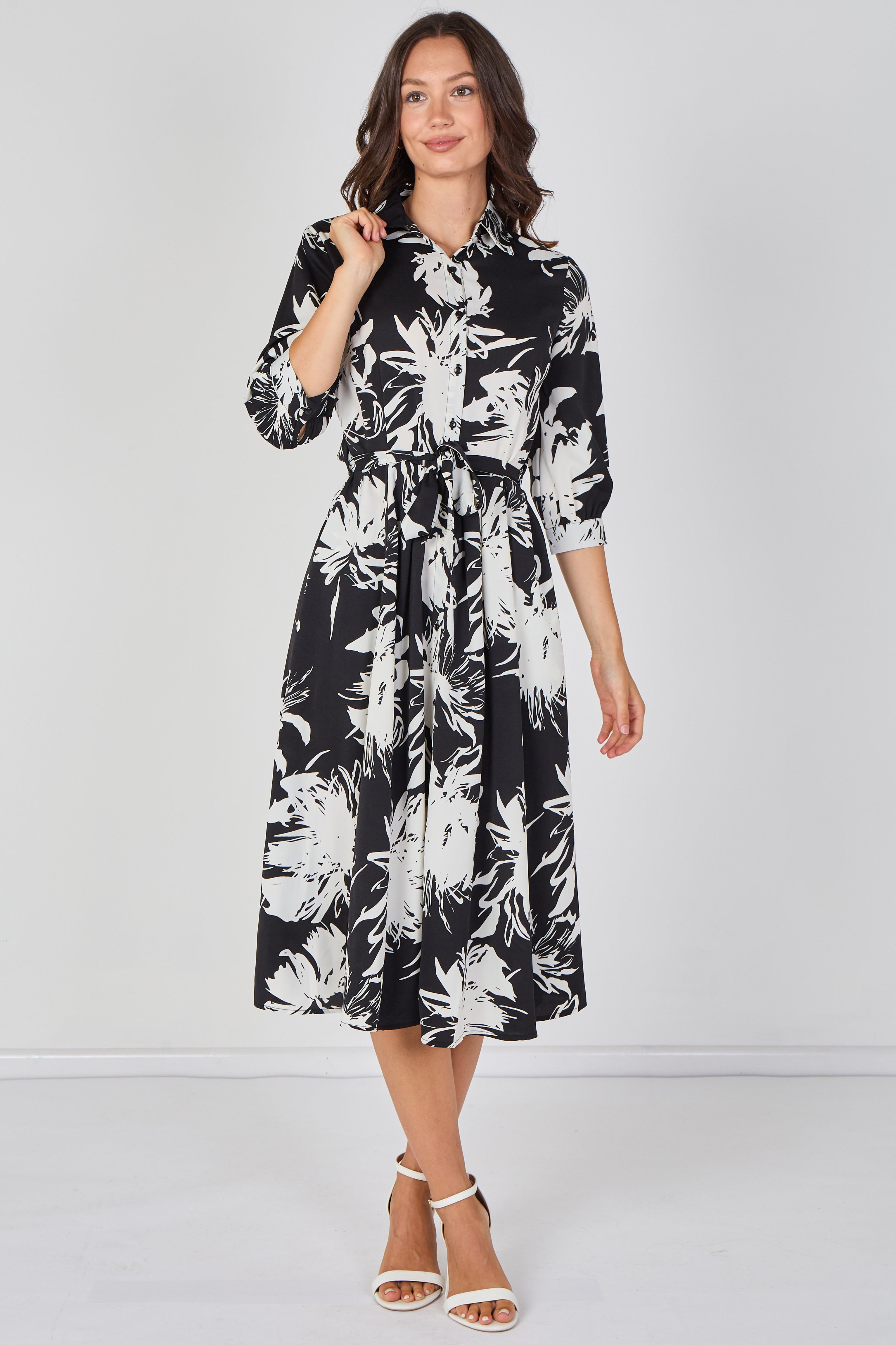 Black And White Brushstroke Floral Belted Midi Shirt Dress LS-2045-D56