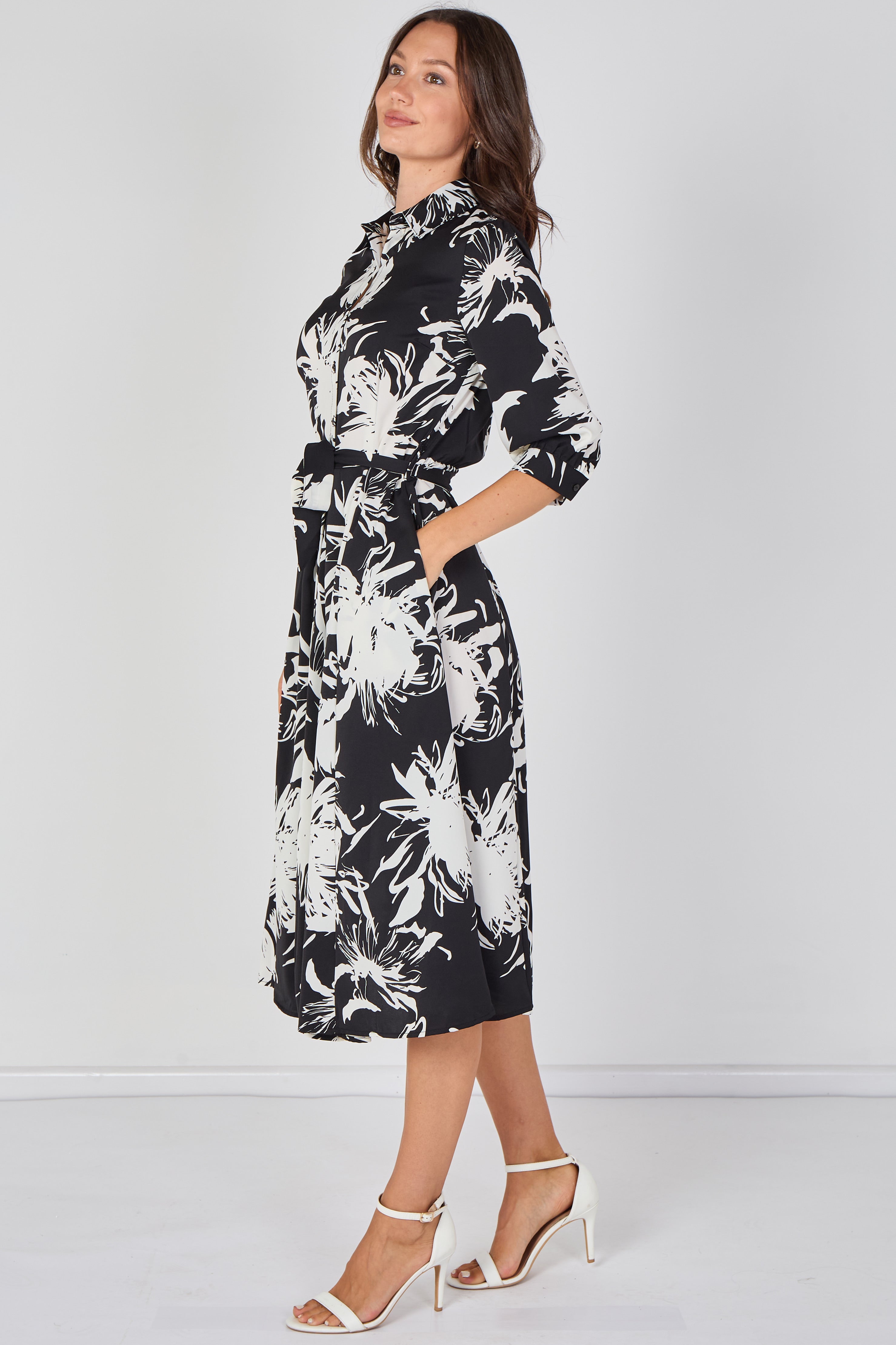 Black And White Brushstroke Floral Belted Midi Shirt Dress LS-2045-D56