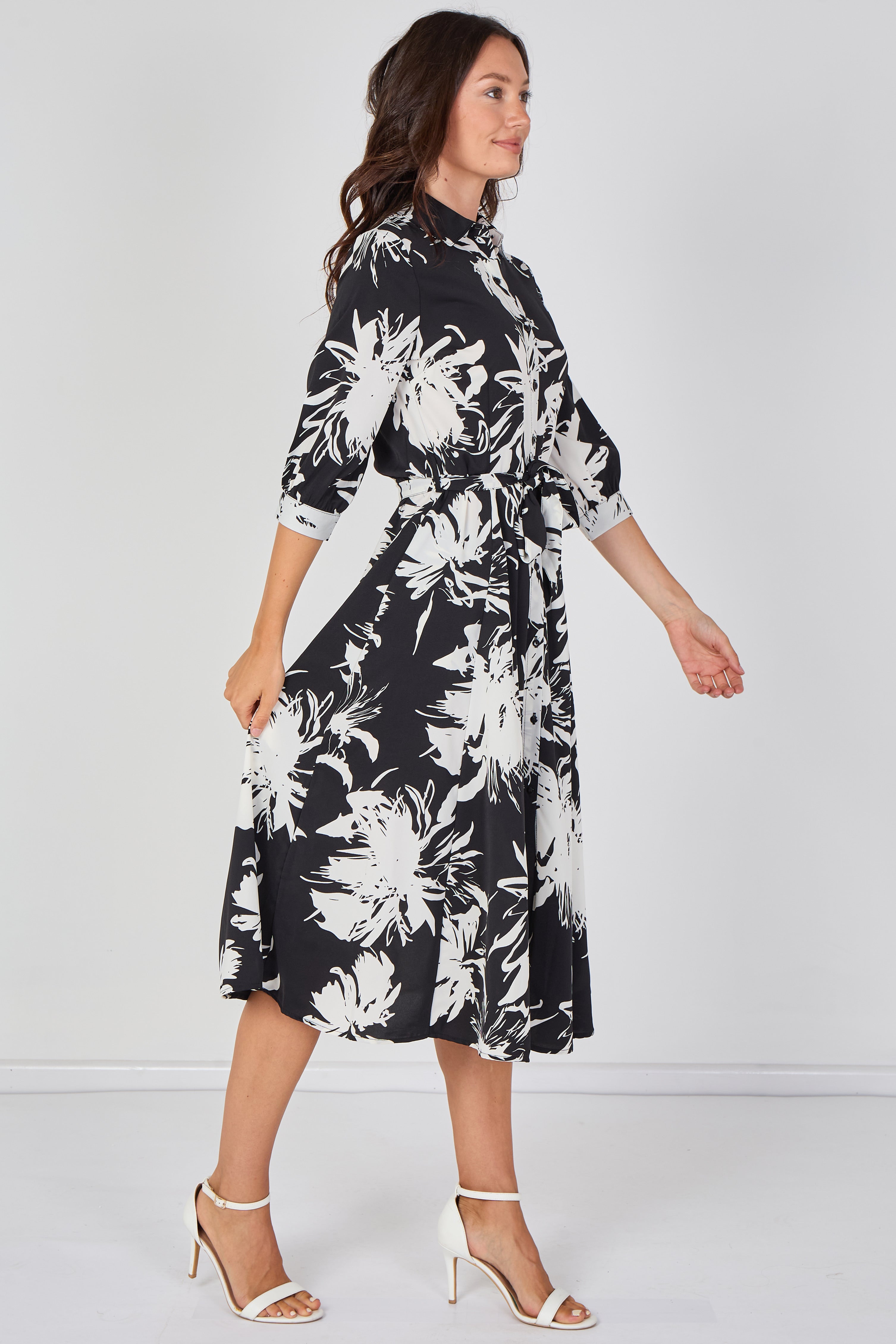 Black And White Brushstroke Floral Belted Midi Shirt Dress LS-2045-D56
