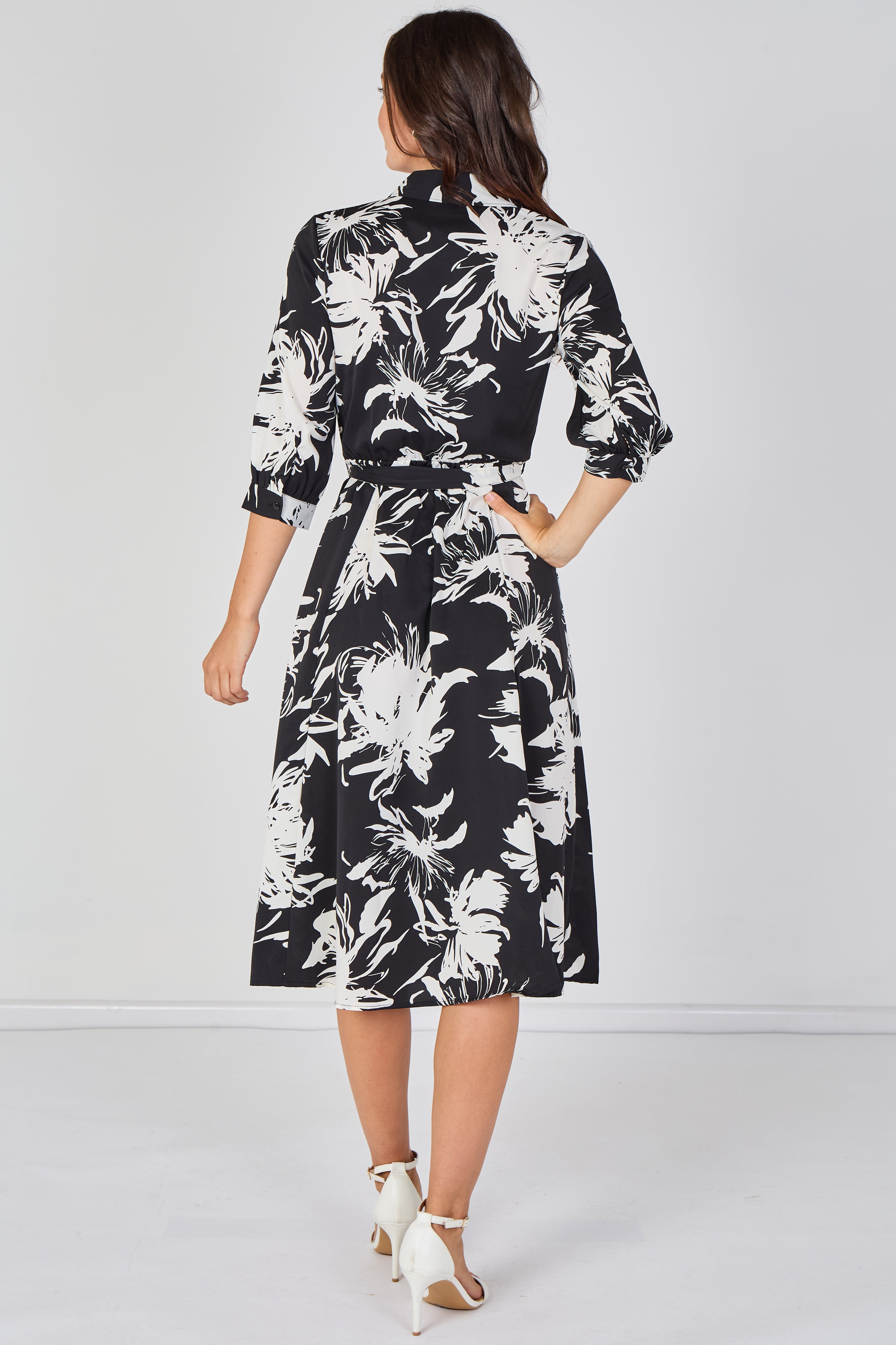 Black And White Brushstroke Floral Belted Midi Shirt Dress LS-2045-D56