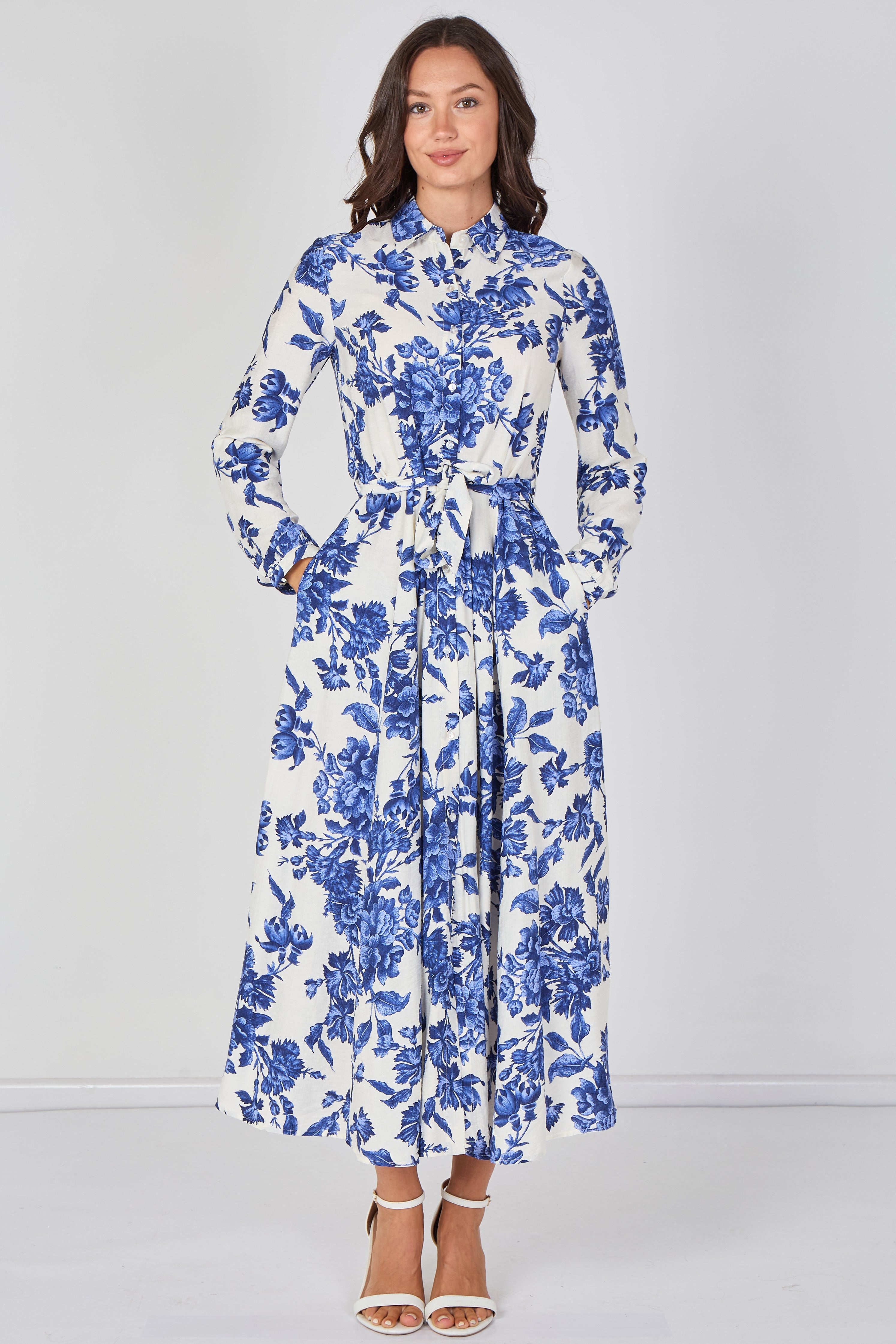 Blue Porcelain Floral Printed Belted Maxi Shirt Dress LS-2037P-C211
