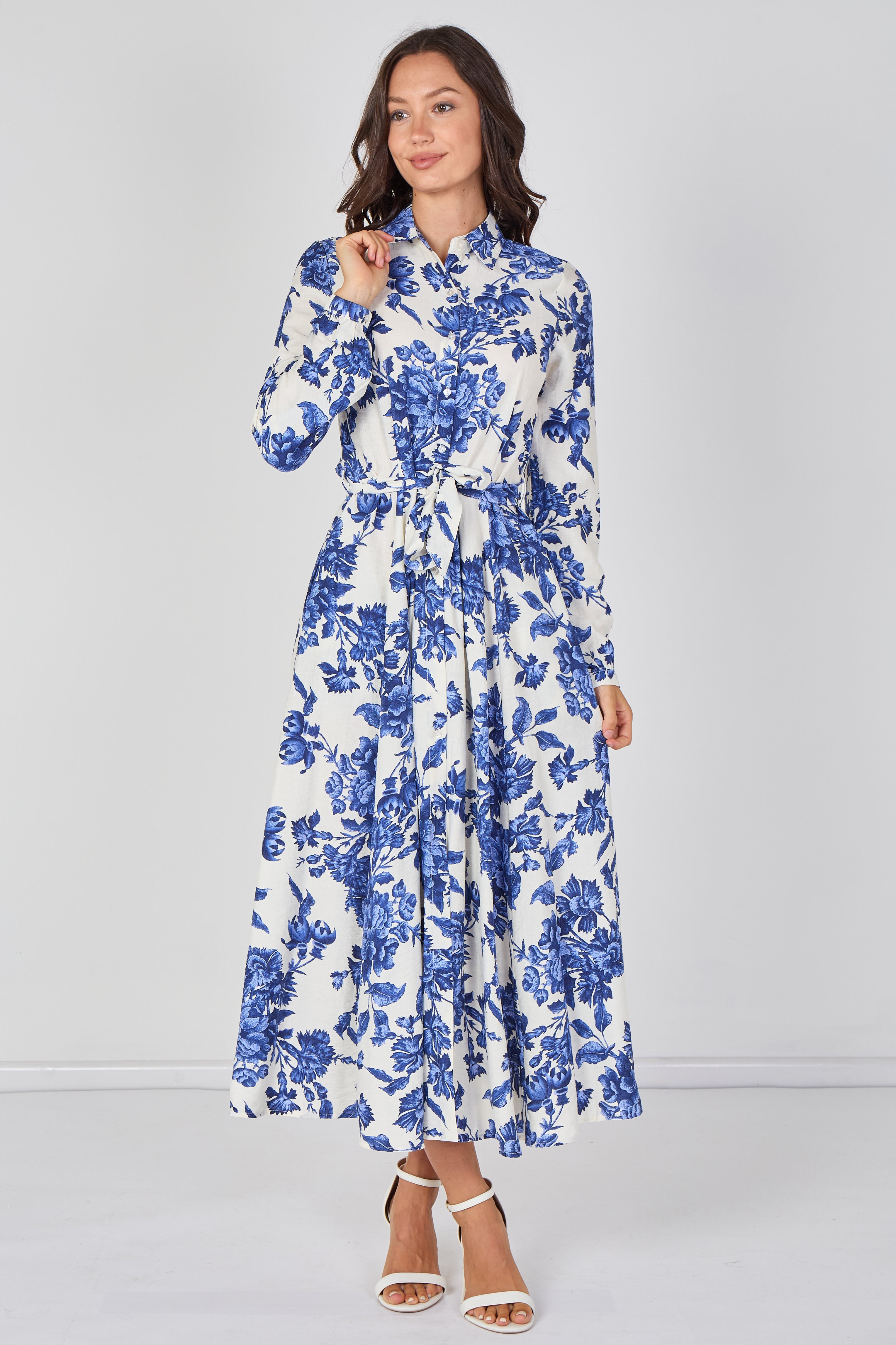 Blue Porcelain Floral Printed Belted Maxi Shirt Dress LS-2037P-C211