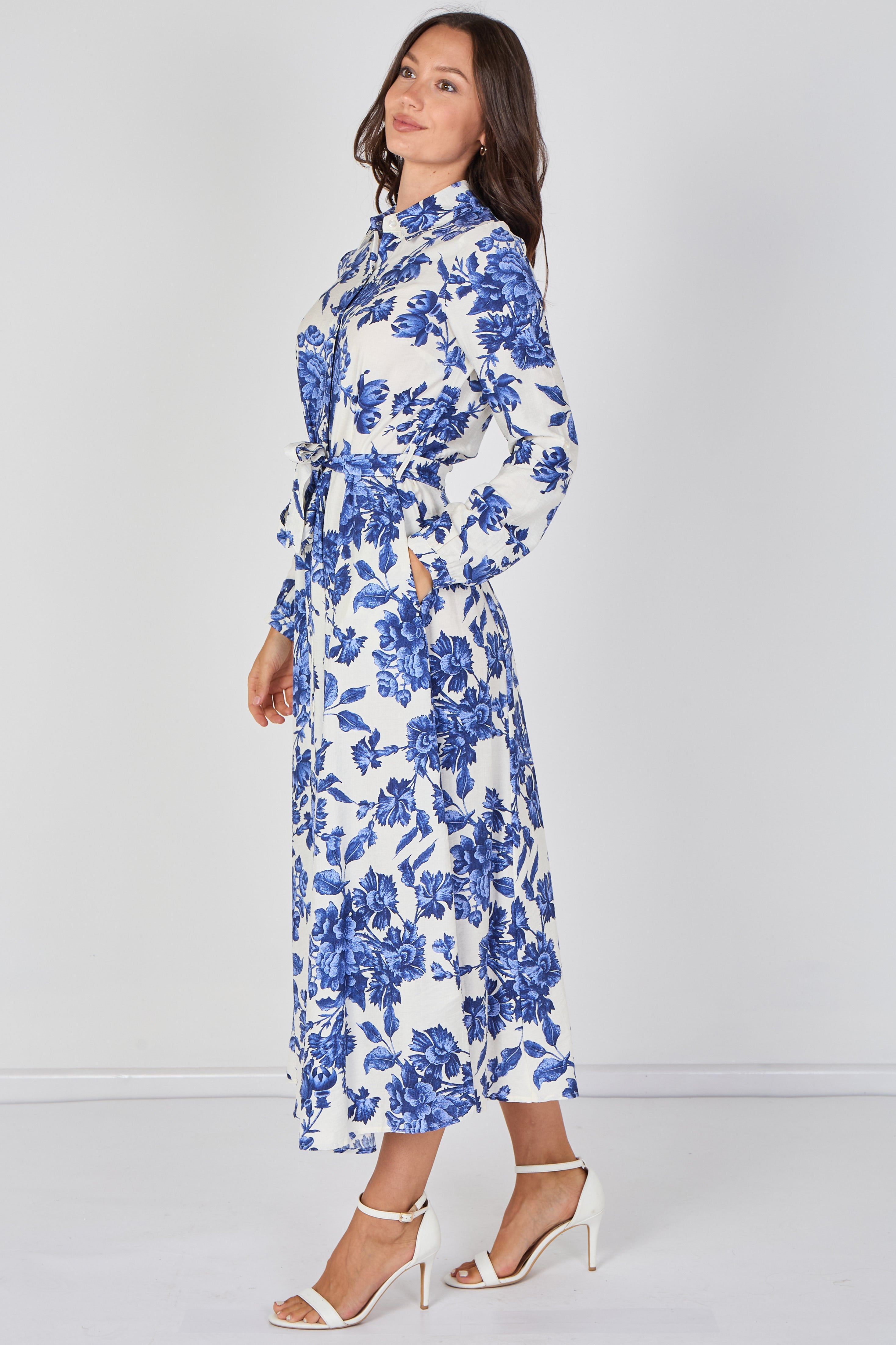 Blue Porcelain Floral Printed Belted Maxi Shirt Dress LS-2037P-C211